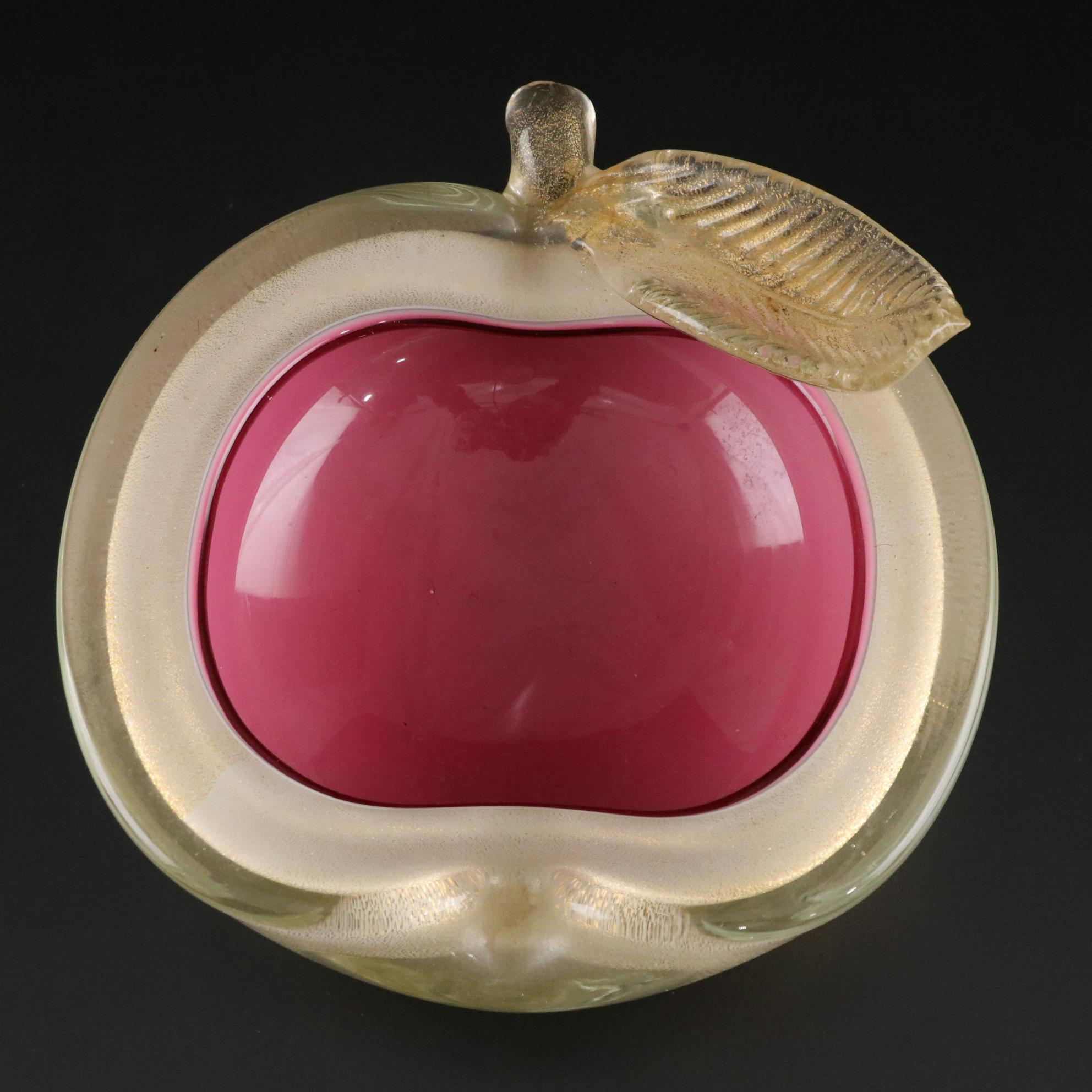 Alfredo Barbini Sommerso Glass Hot Pink Apple & Pear Dishes With Gold Aventurine