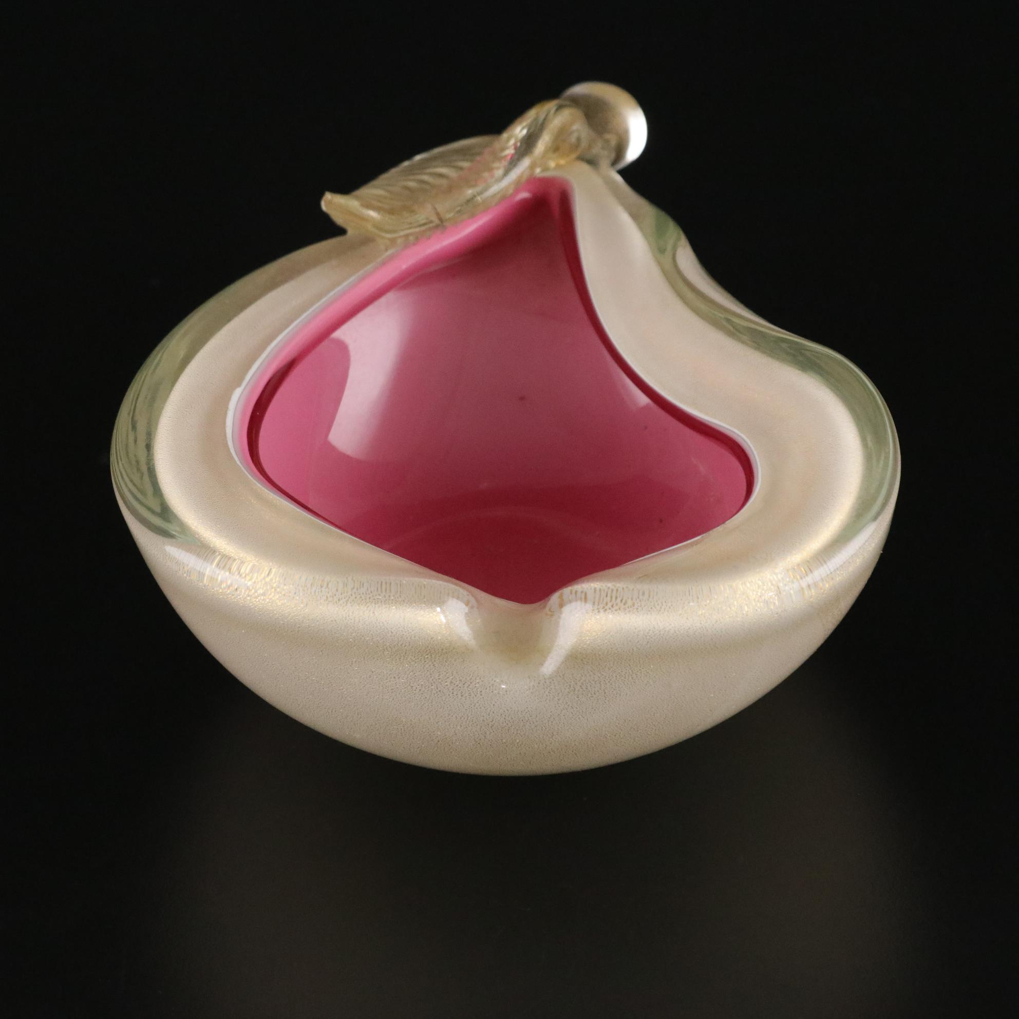 Alfredo Barbini Sommerso Glass Hot Pink Apple & Pear Dishes With Gold Aventurine