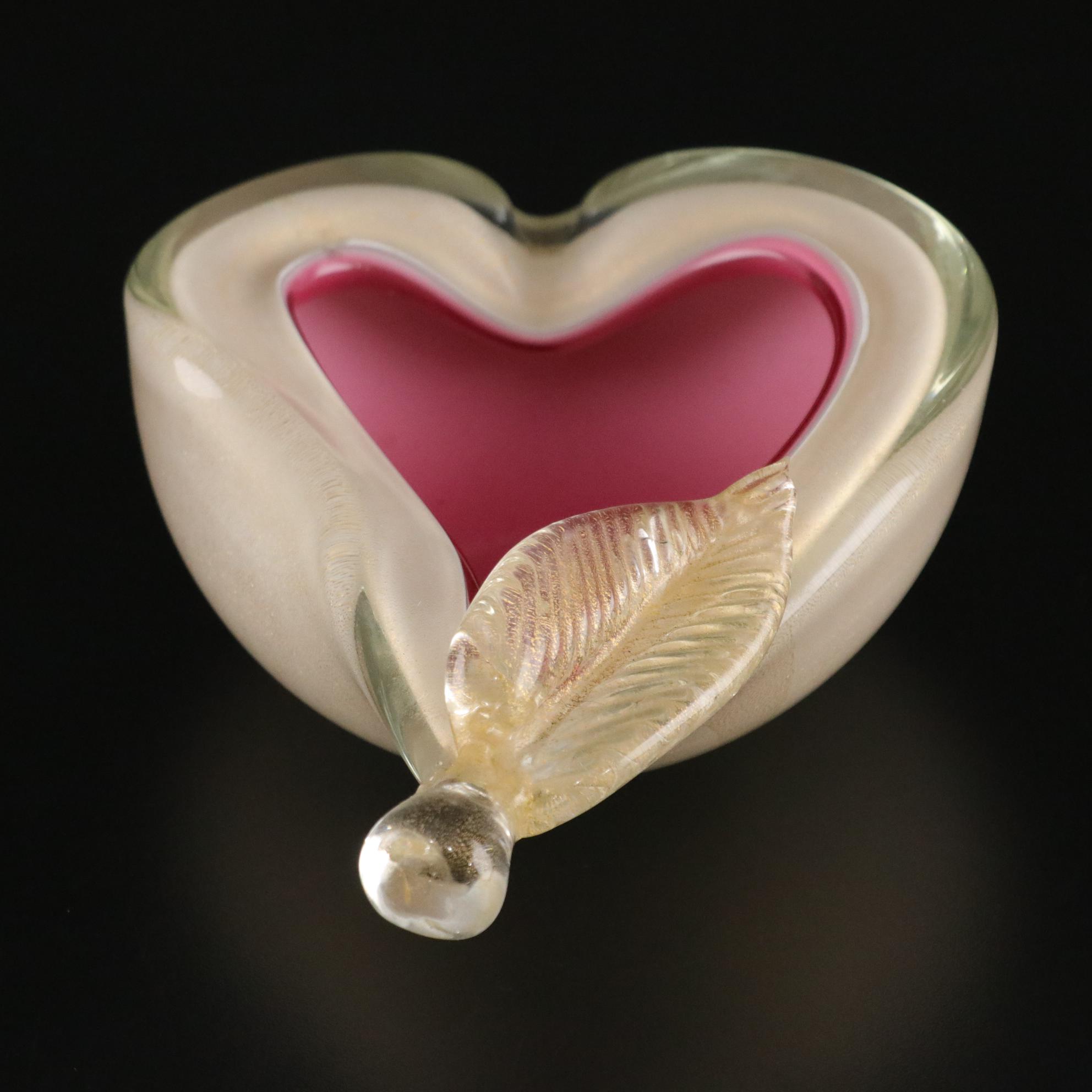 Alfredo Barbini Sommerso Glass Hot Pink Apple & Pear Dishes With Gold Aventurine