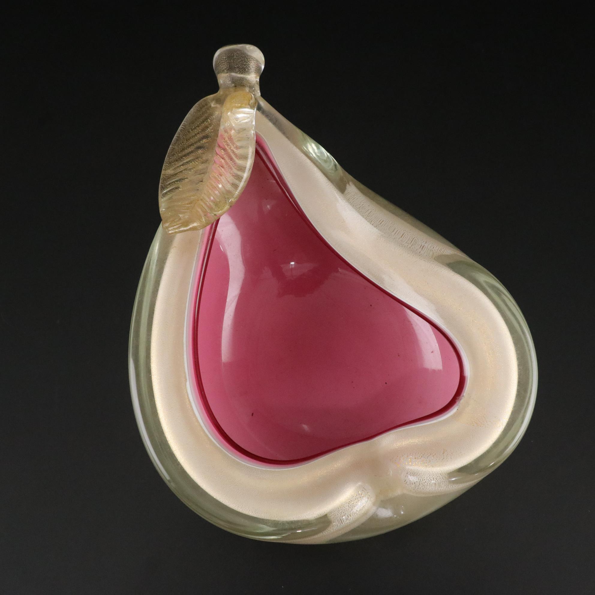 Alfredo Barbini Sommerso Glass Hot Pink Apple & Pear Dishes With Gold Aventurine