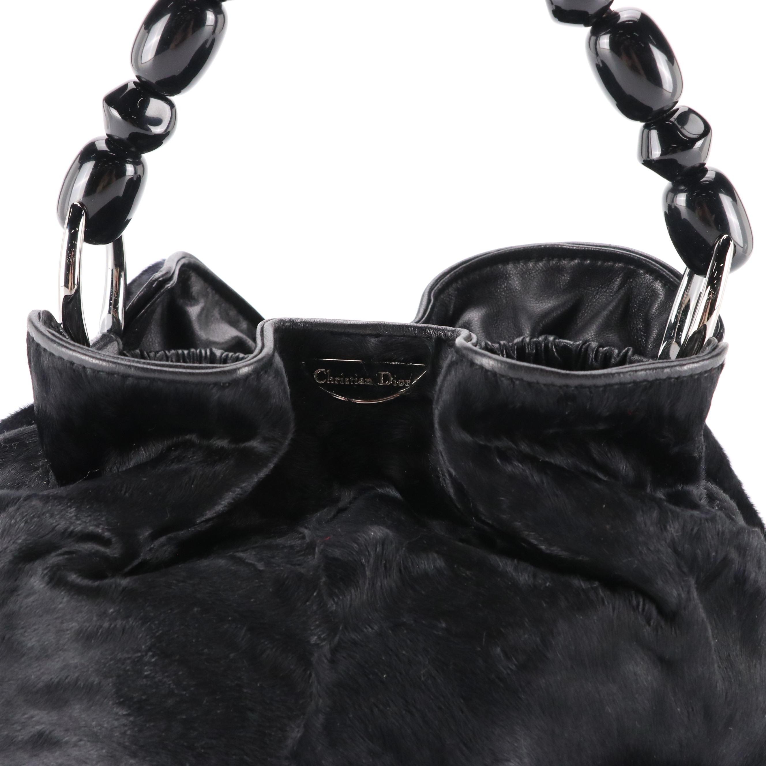 Christian Dior Maris Pearl Bucket Handbag in Black Calf Hair and Leather