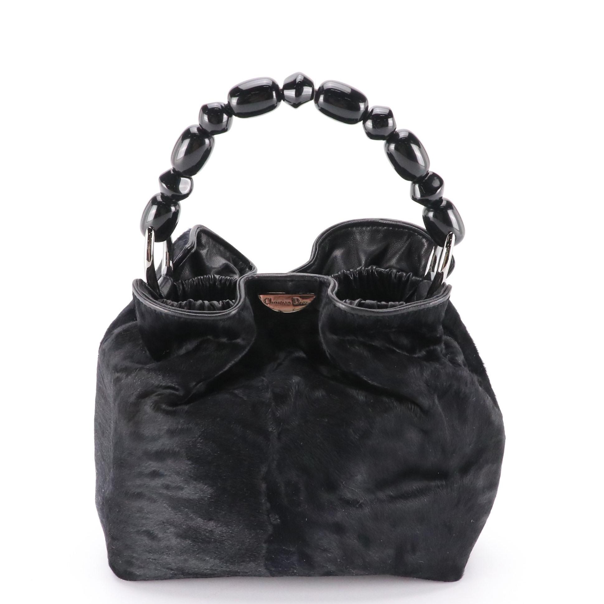 Christian Dior Maris Pearl Bucket Handbag in Black Calf Hair and Leather