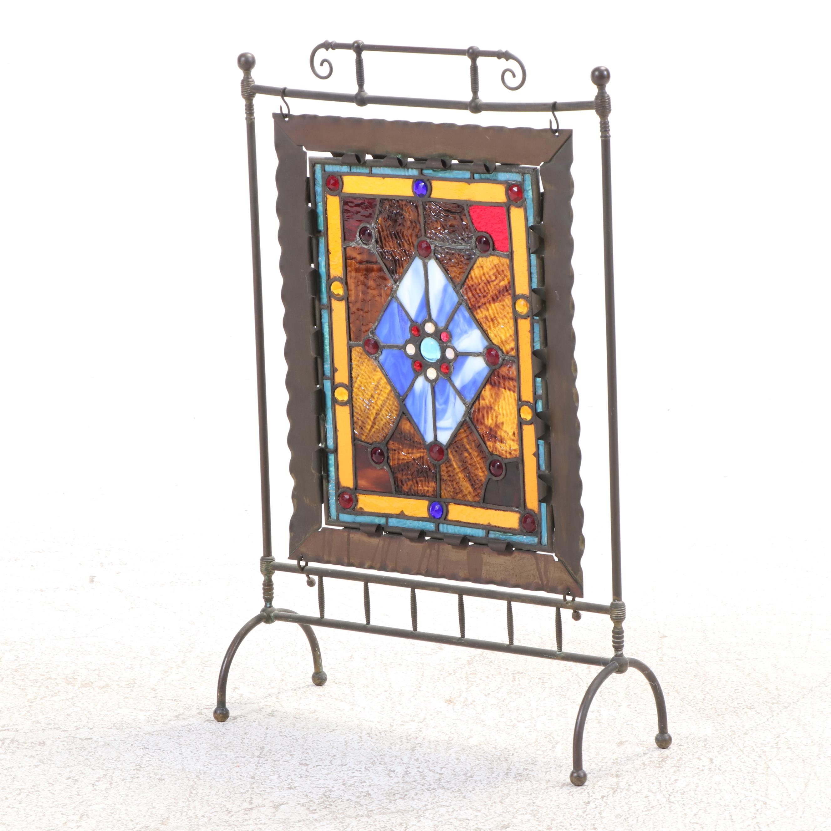 Handcrafted Stained Glass Panel with Bejeweled Cabochons and Slag Glass in Frame