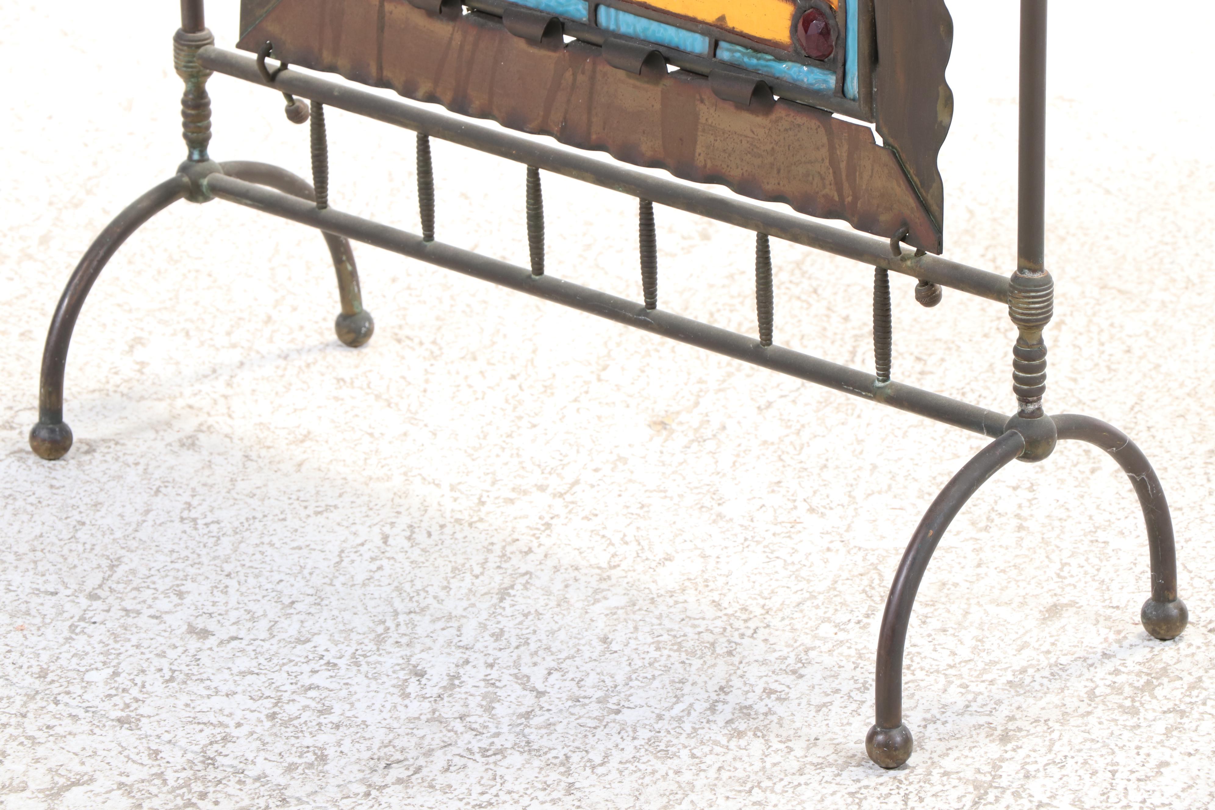 Handcrafted Stained Glass Panel with Bejeweled Cabochons and Slag Glass in Frame