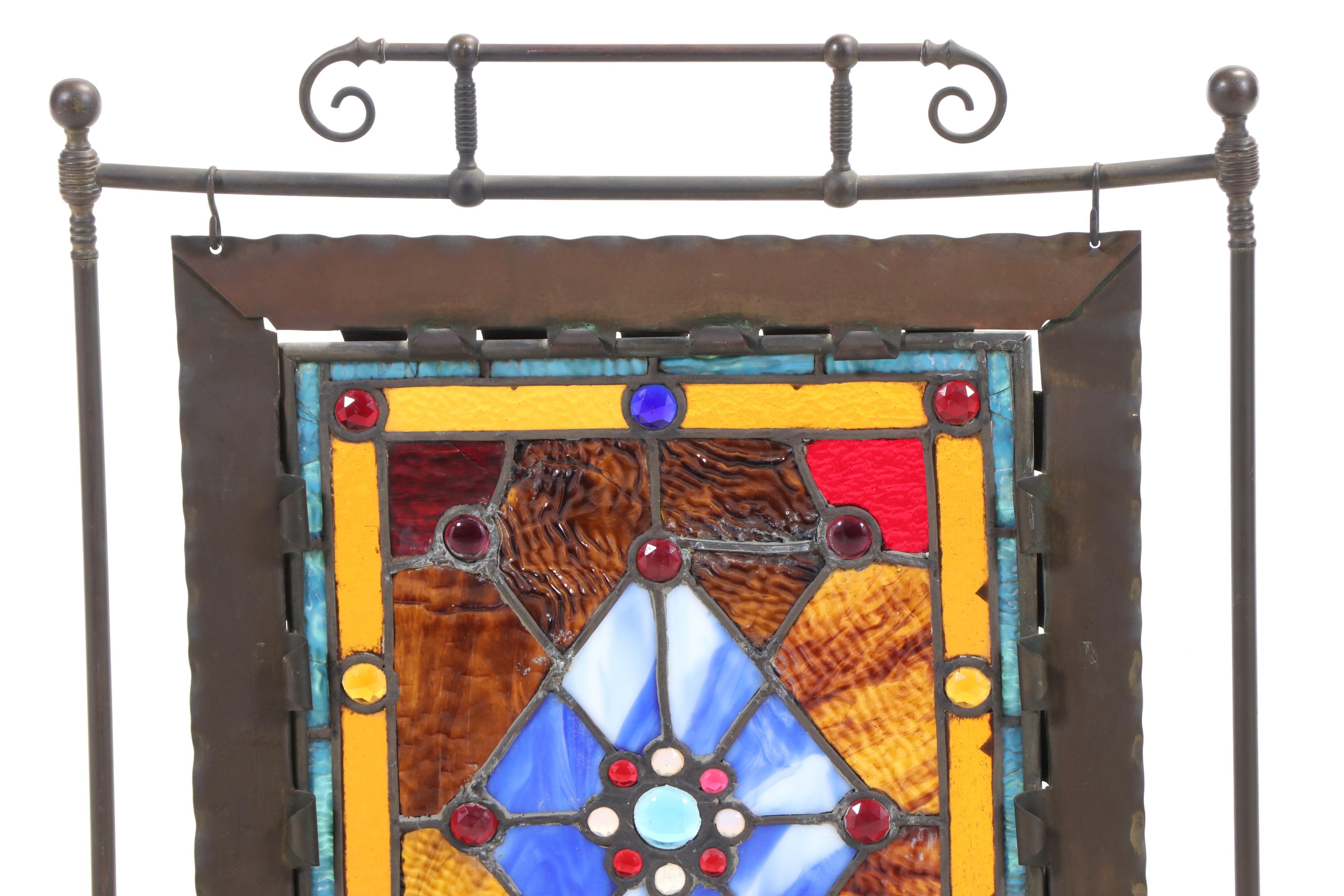 Handcrafted Stained Glass Panel with Bejeweled Cabochons and Slag Glass in Frame