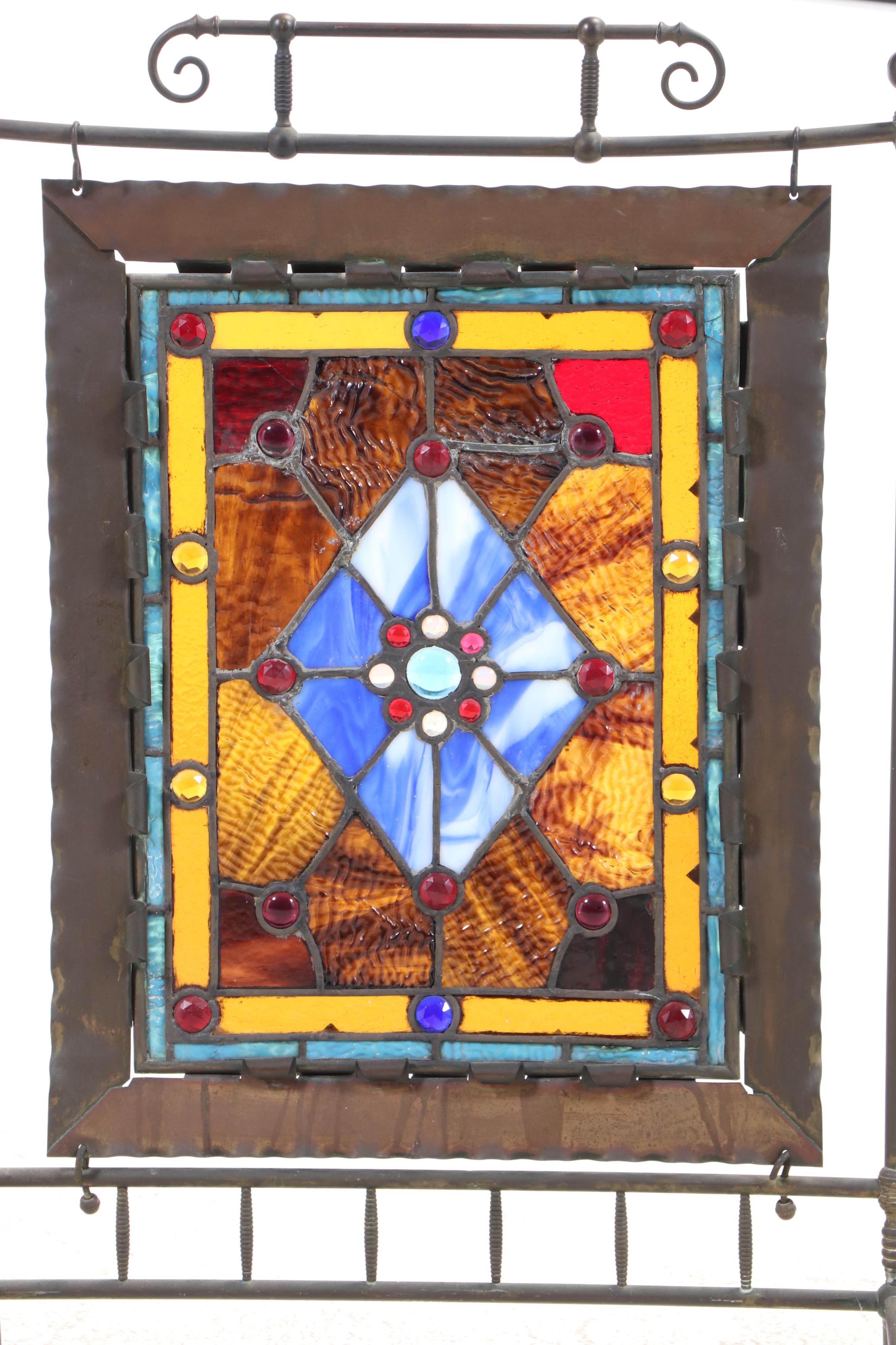 Handcrafted Stained Glass Panel with Bejeweled Cabochons and Slag Glass in Frame