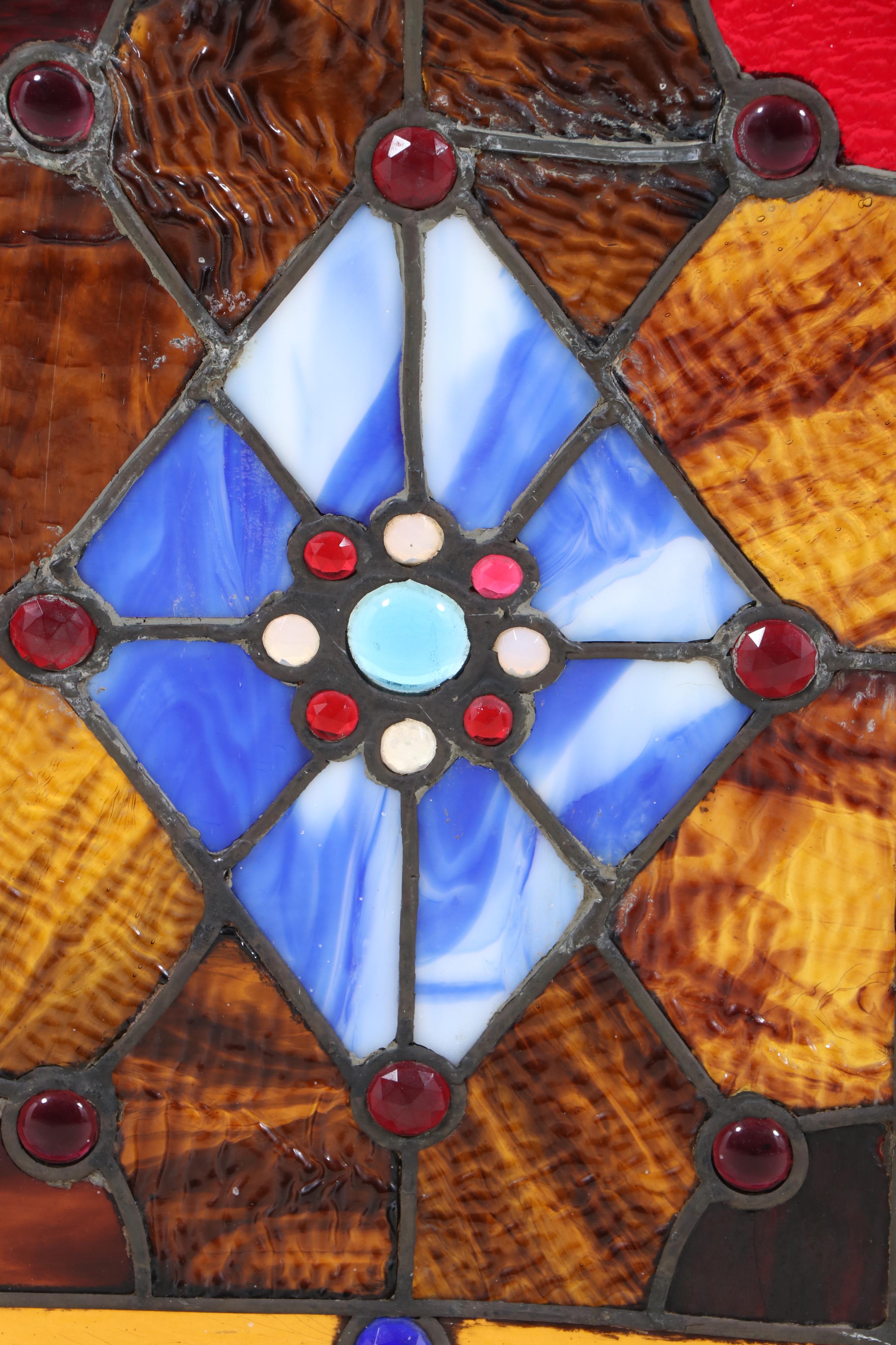 Handcrafted Stained Glass Panel with Bejeweled Cabochons and Slag Glass in Frame