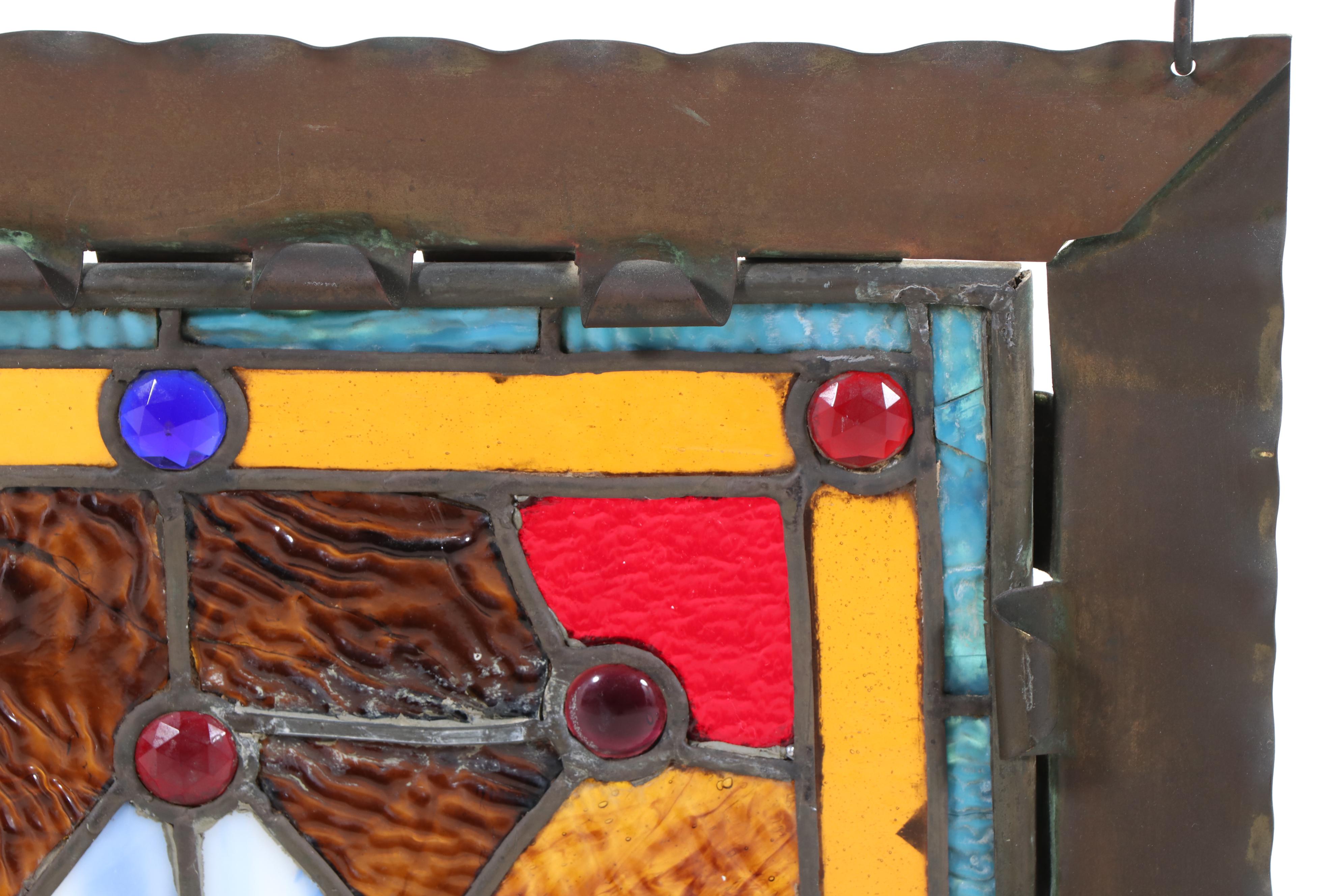 Handcrafted Stained Glass Panel with Bejeweled Cabochons and Slag Glass in Frame