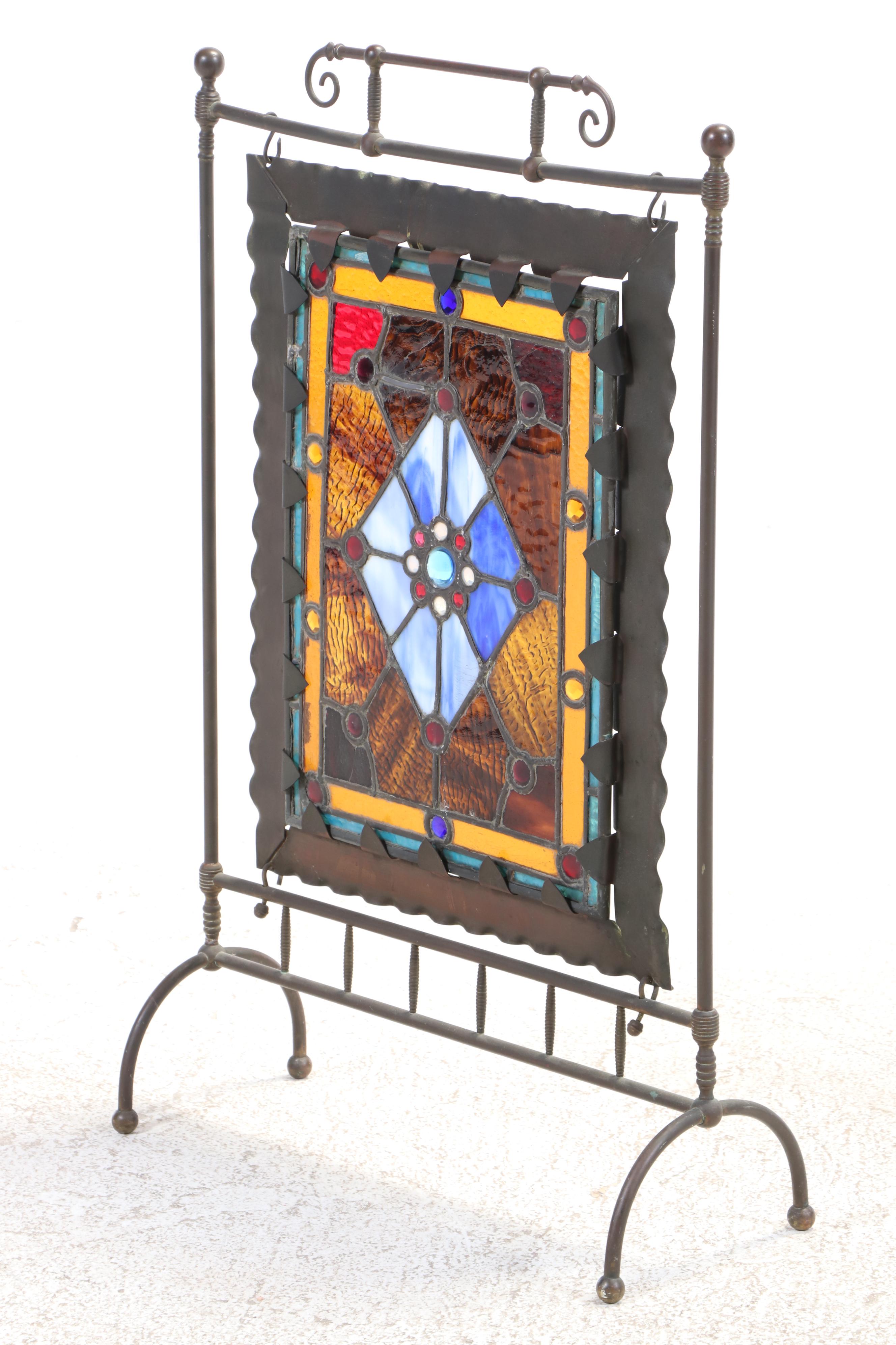 Handcrafted Stained Glass Panel with Bejeweled Cabochons and Slag Glass in Frame