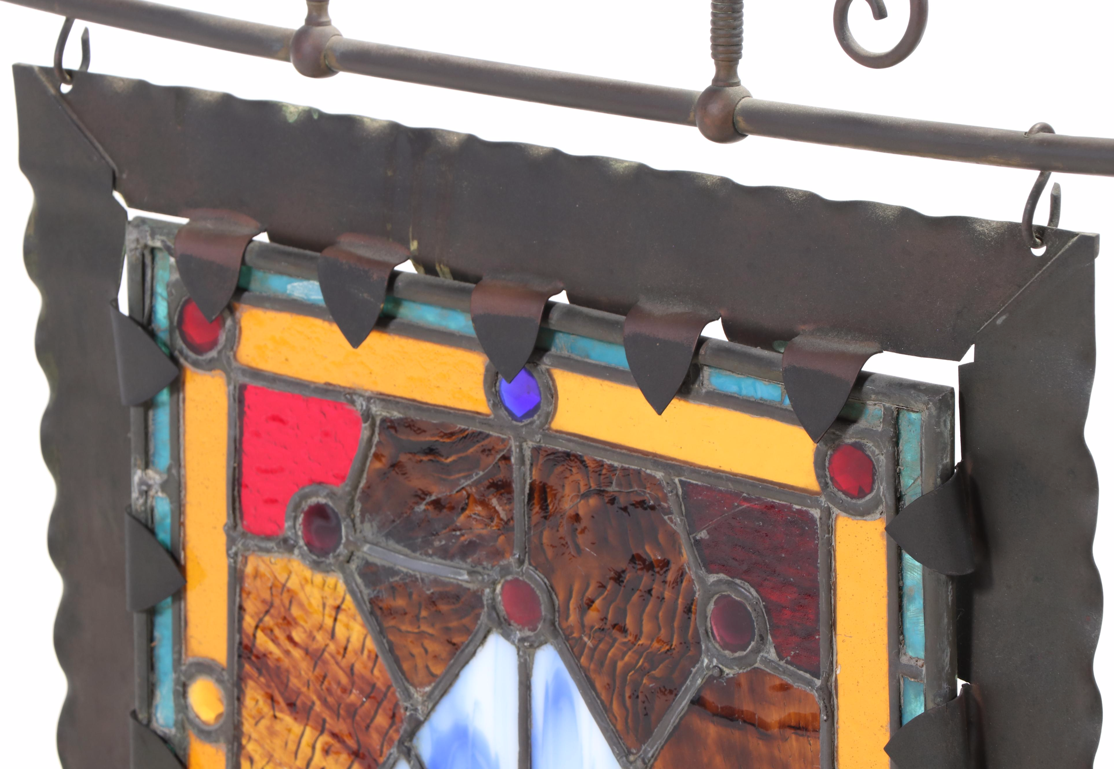 Handcrafted Stained Glass Panel with Bejeweled Cabochons and Slag Glass in Frame