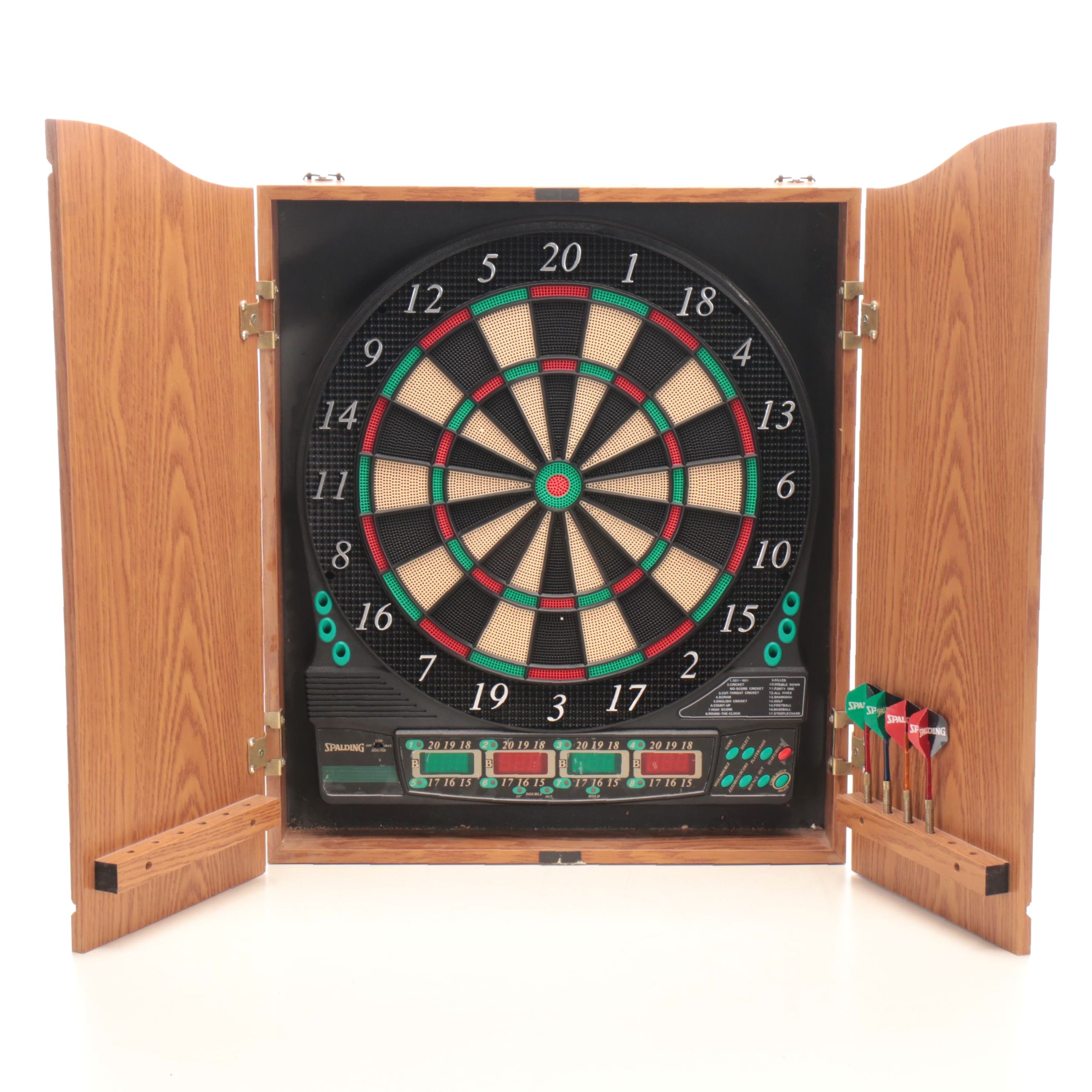 Spalding Electronic Dartboard in Oak Cabinet with Darts, Late 20th Century
