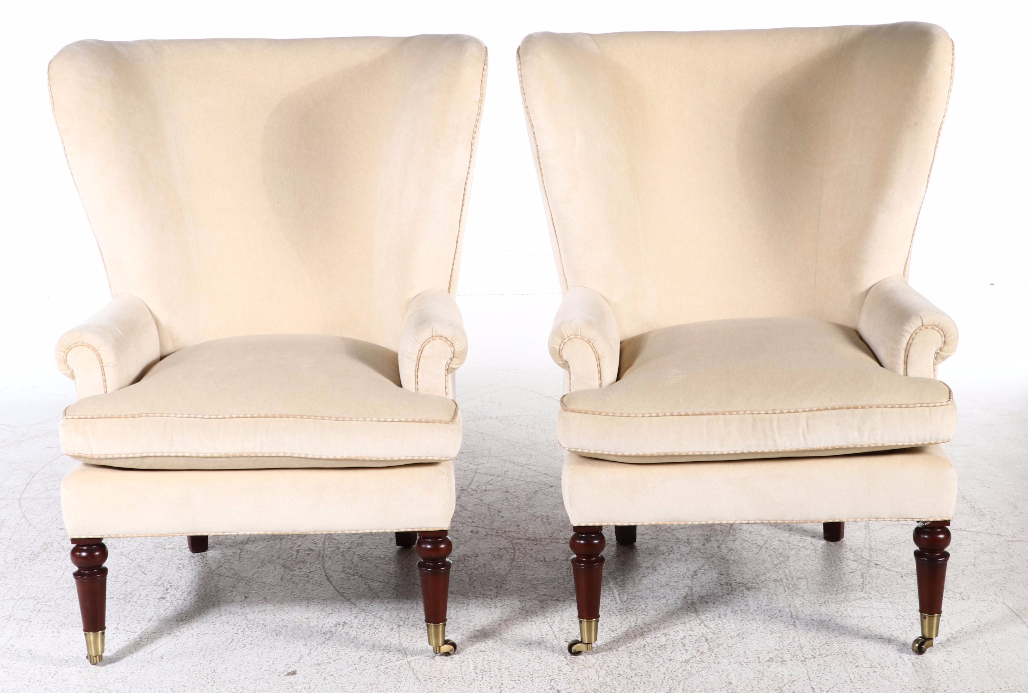 Pair of Pearson Custom-Upholstered Hardwood Wingback Armchairs
