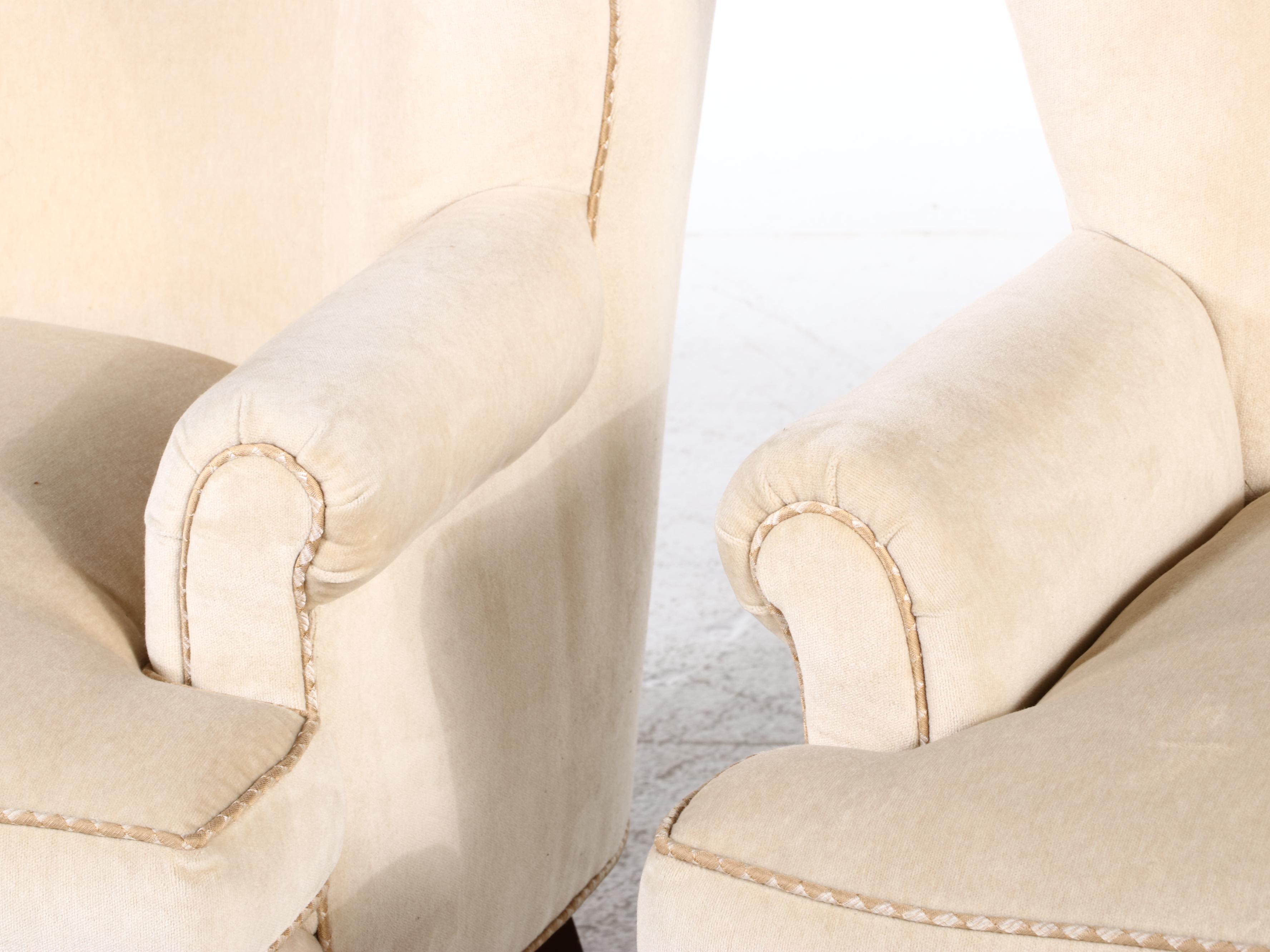 Pair of Pearson Custom-Upholstered Hardwood Wingback Armchairs