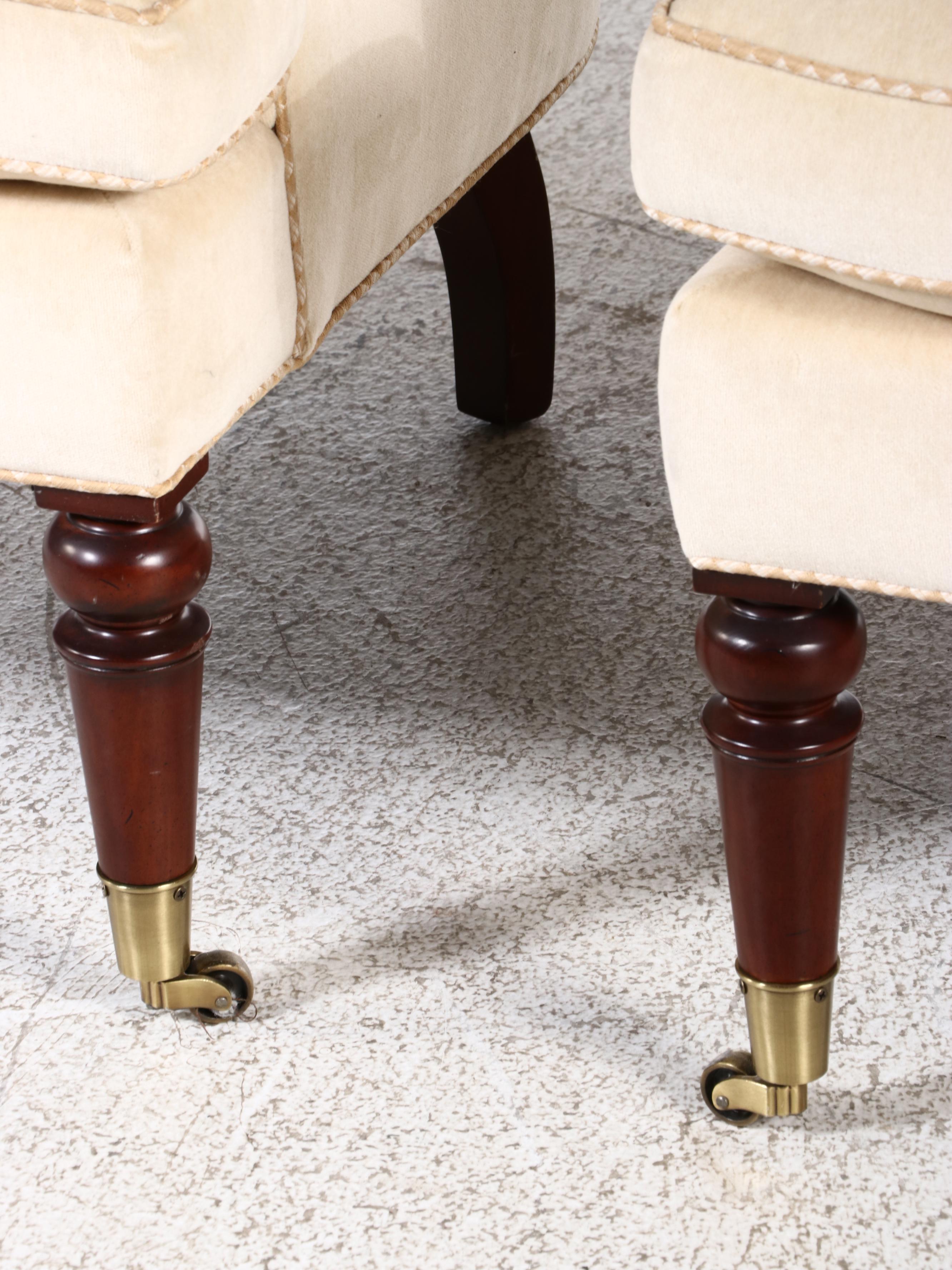 Pair of Pearson Custom-Upholstered Hardwood Wingback Armchairs