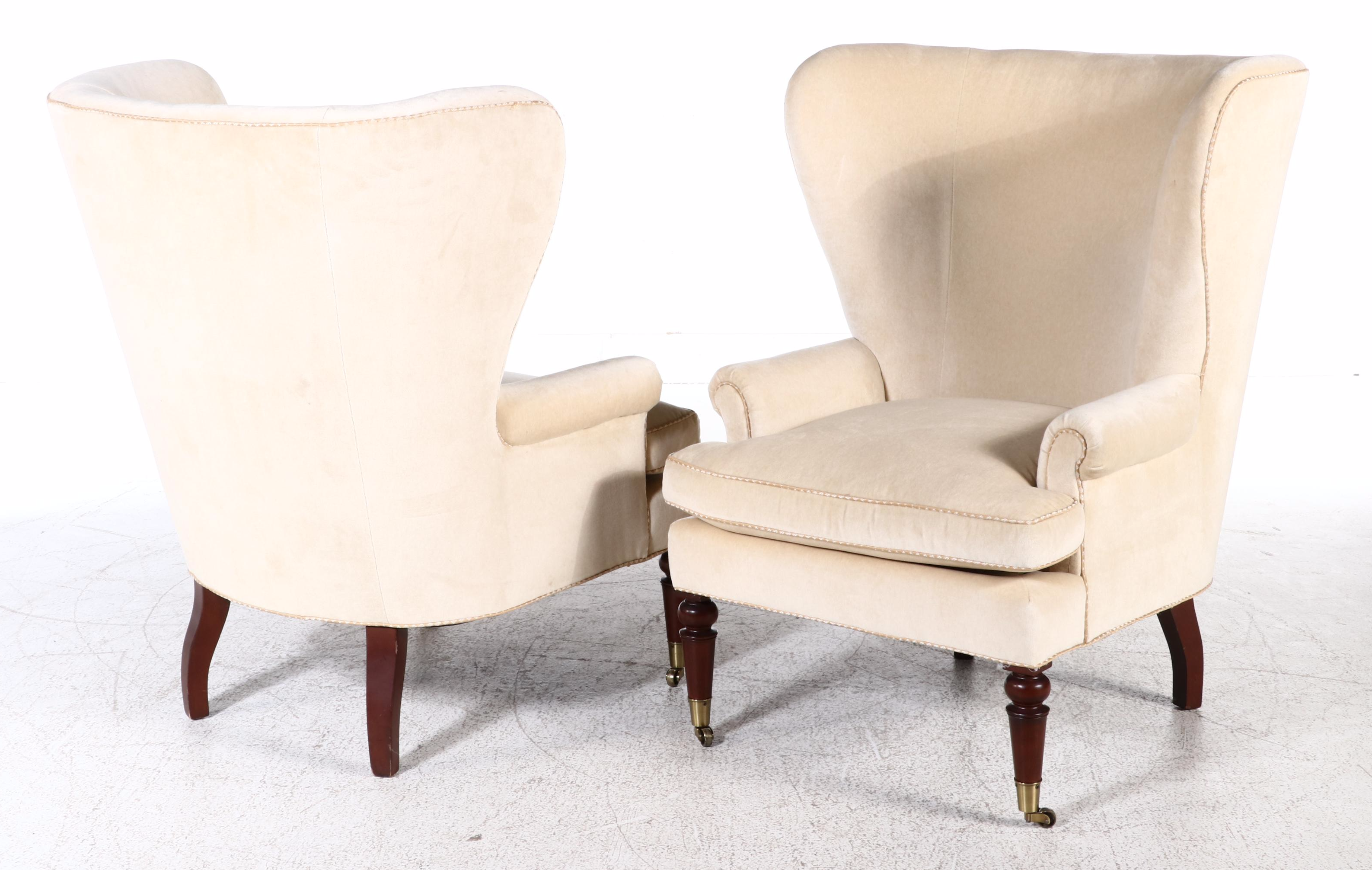 Pair of Pearson Custom-Upholstered Hardwood Wingback Armchairs