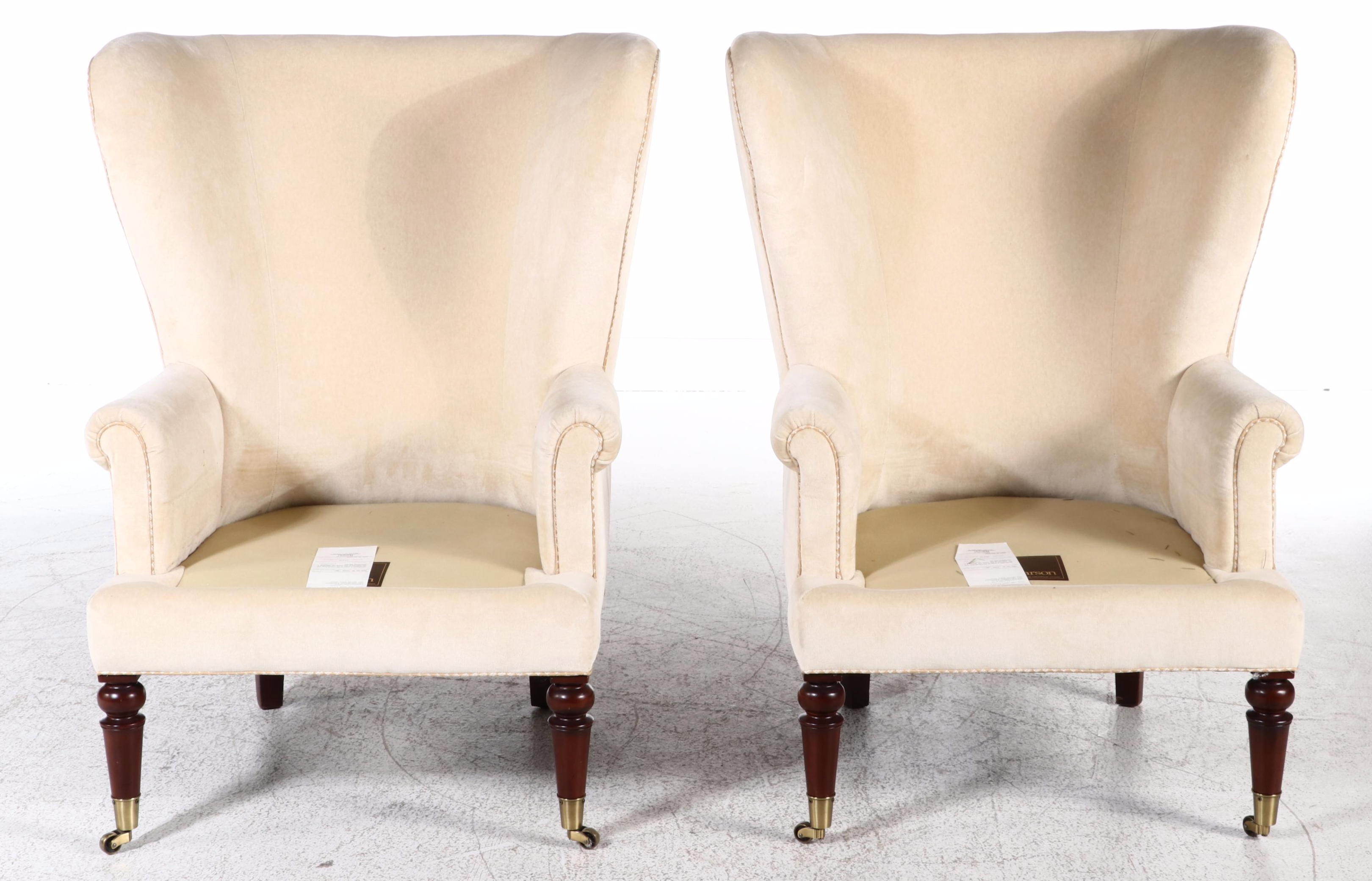 Pair of Pearson Custom-Upholstered Hardwood Wingback Armchairs