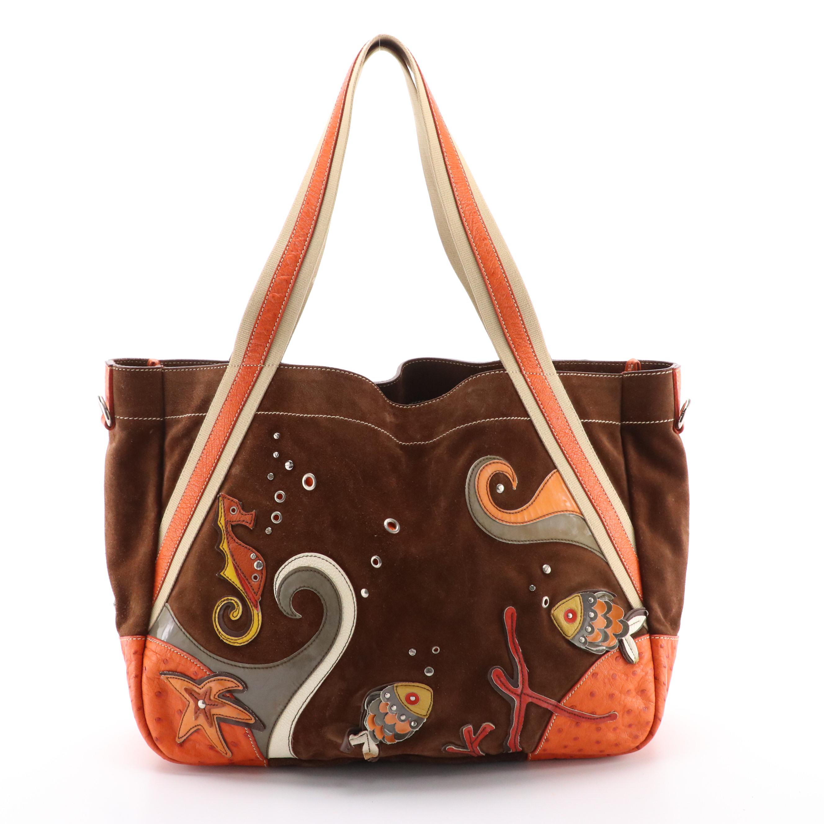 Prada Canapa Brown Suede Marine Sea Life Appliqué Shoulder Tote