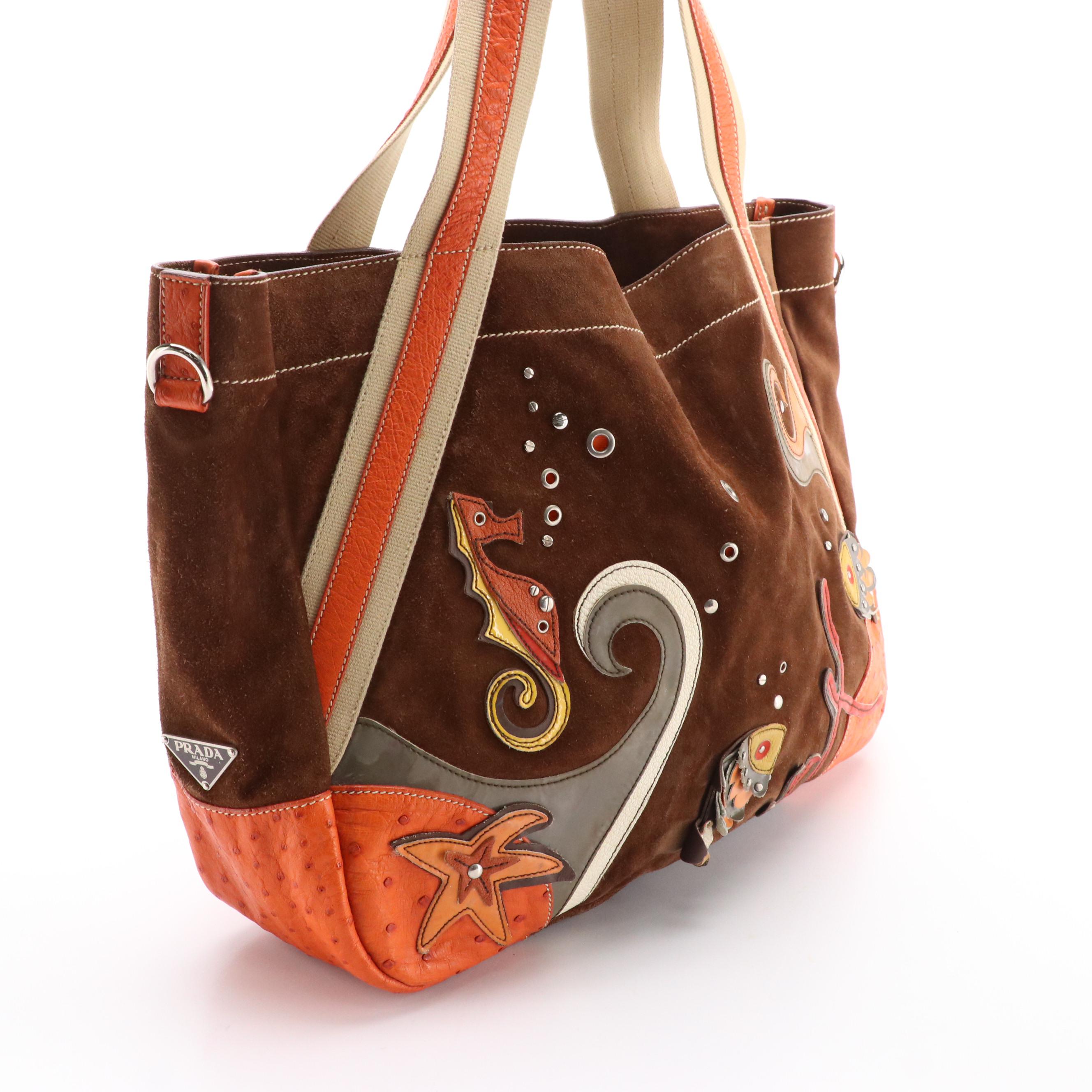 Prada Canapa Brown Suede Marine Sea Life Appliqué Shoulder Tote