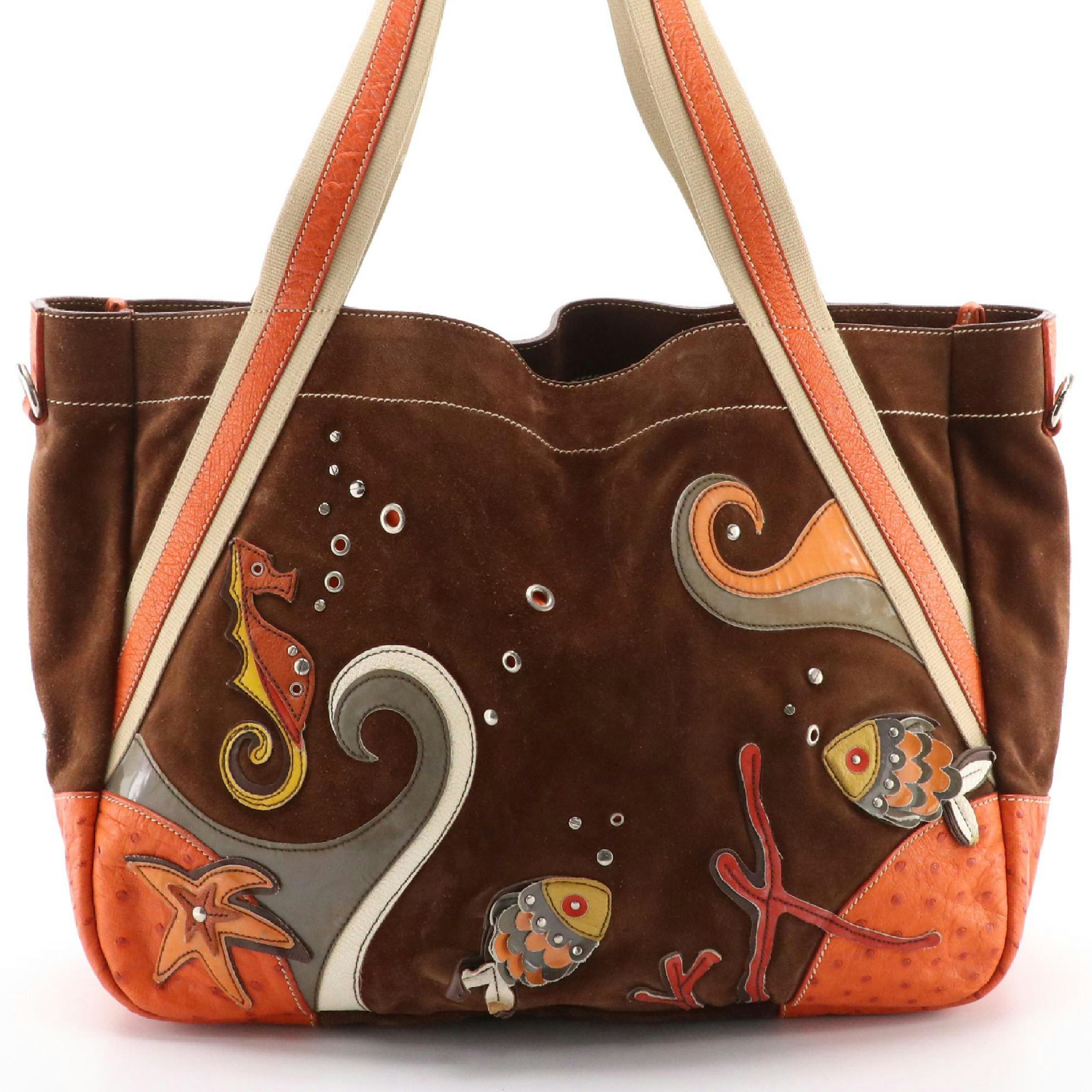 Prada Canapa Brown Suede Marine Sea Life Appliqué Shoulder Tote