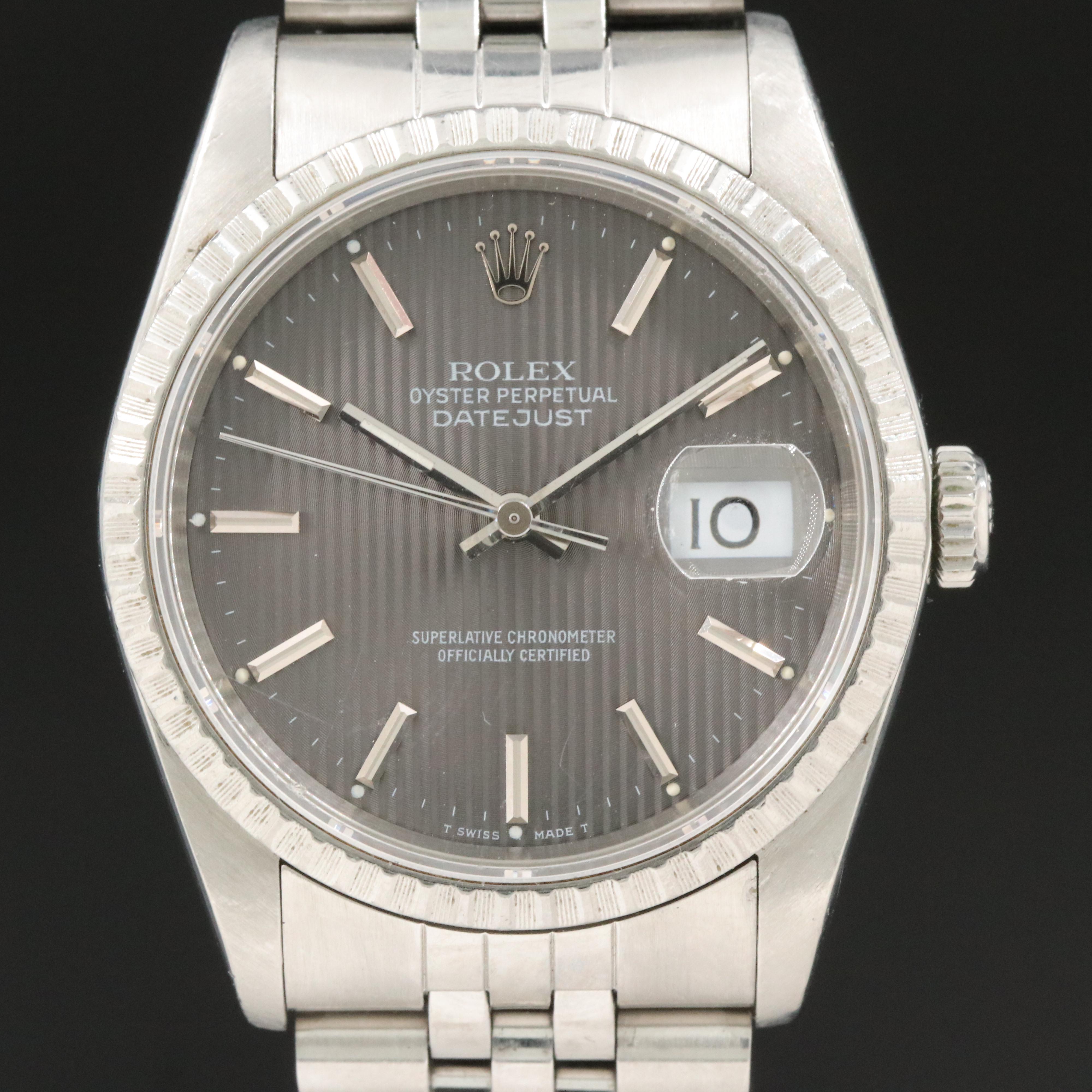 1989 Rolex Tapestry Dial Engine Turned Bezel Datejust Watch