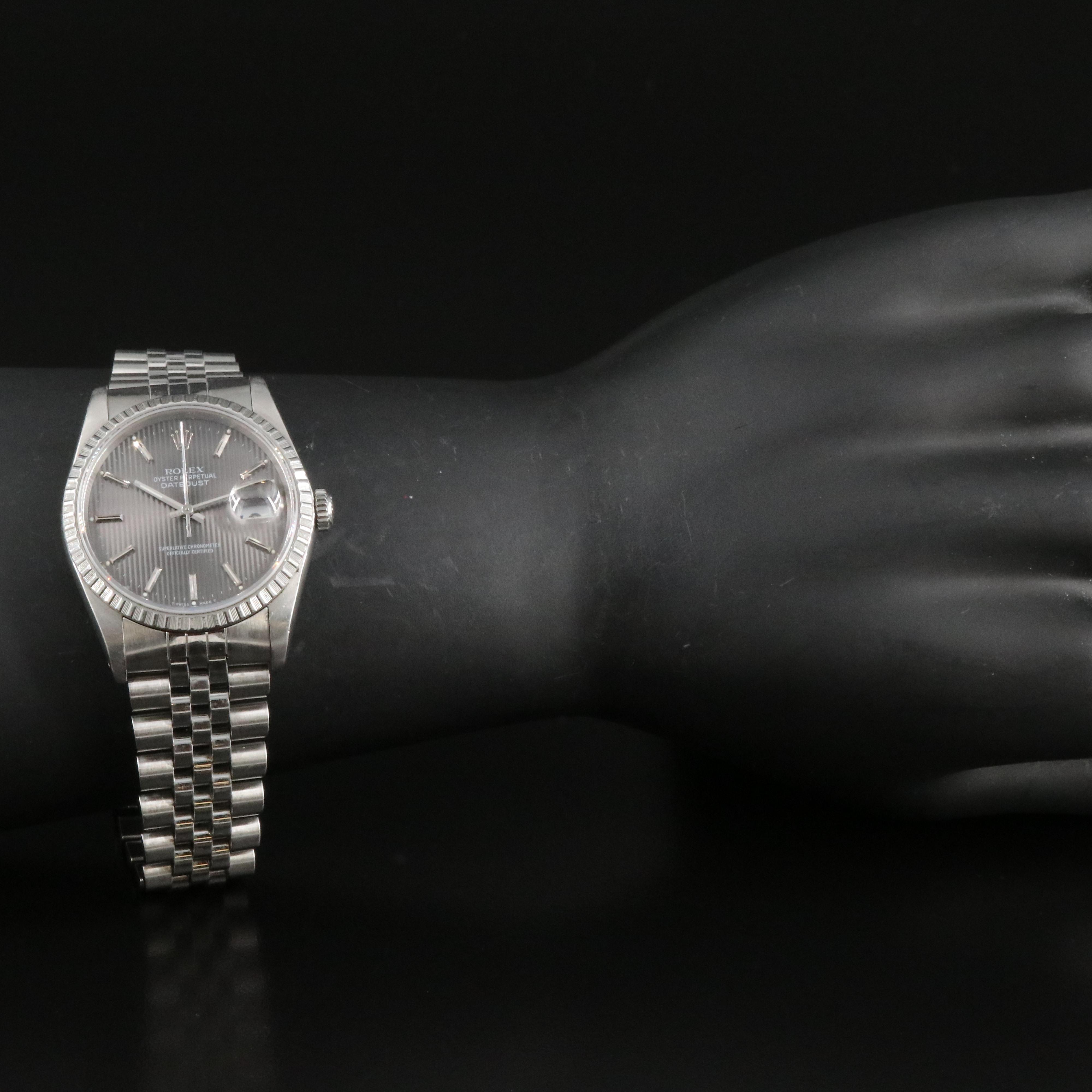 1989 Rolex Tapestry Dial Engine Turned Bezel Datejust Watch