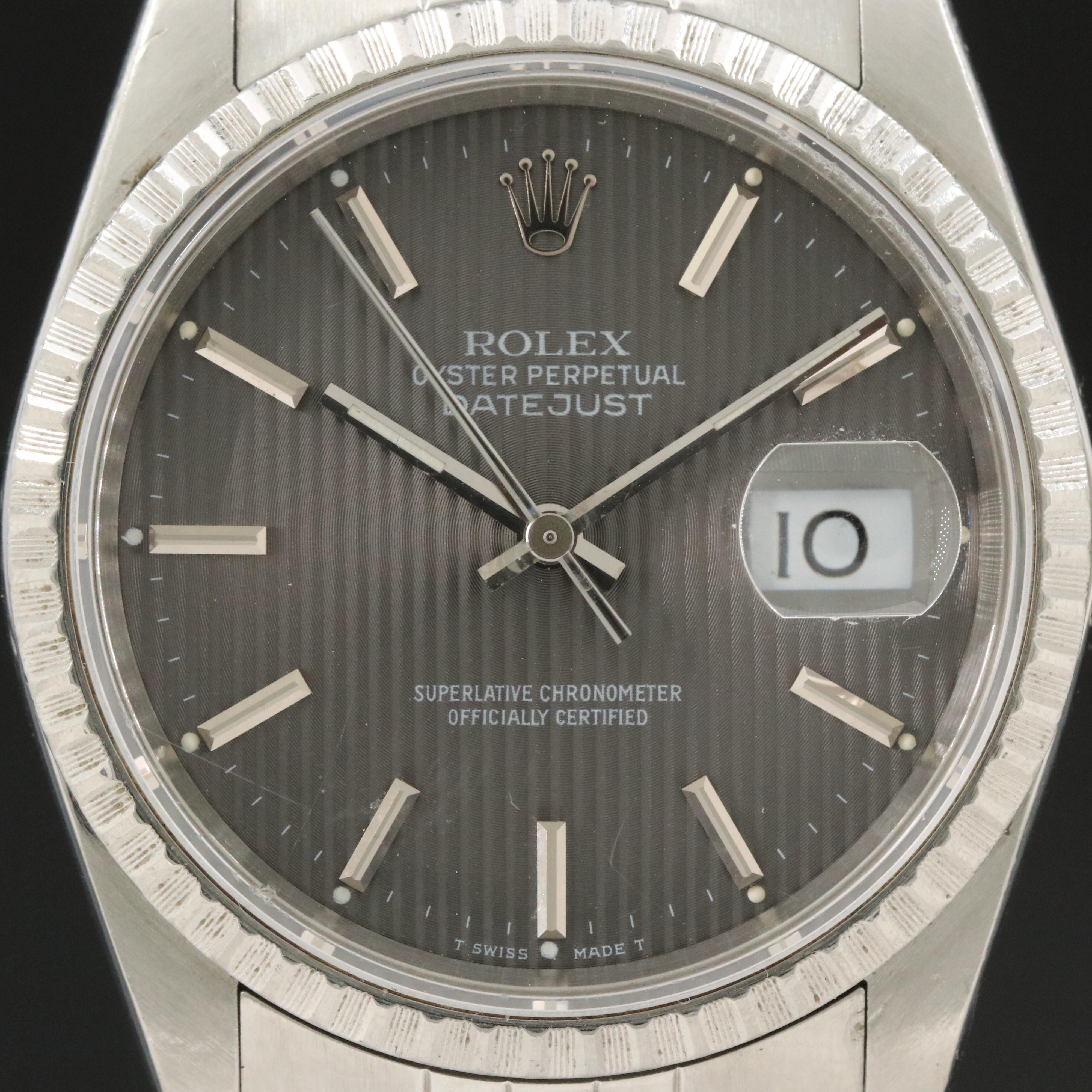 1989 Rolex Tapestry Dial Engine Turned Bezel Datejust Watch