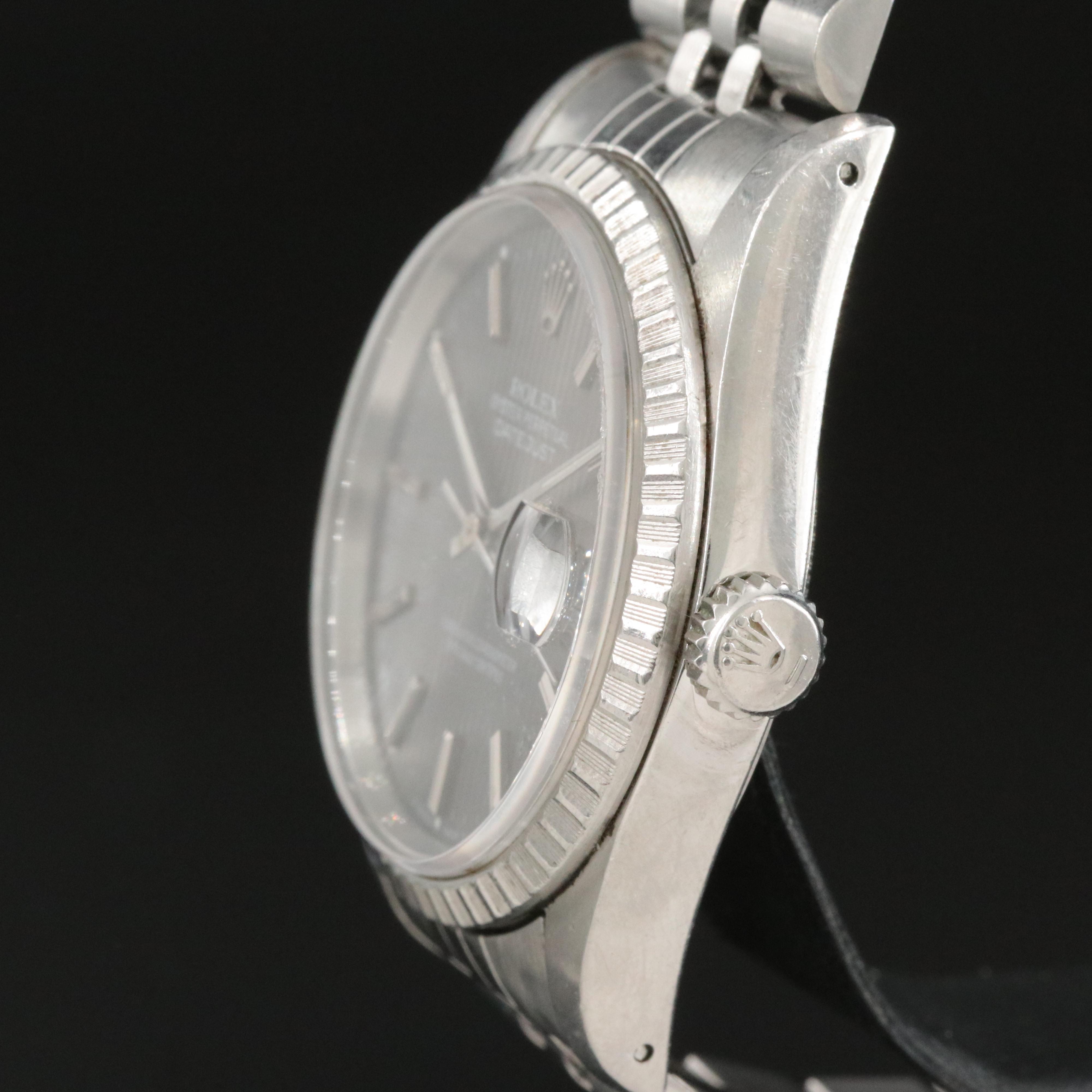 1989 Rolex Tapestry Dial Engine Turned Bezel Datejust Watch