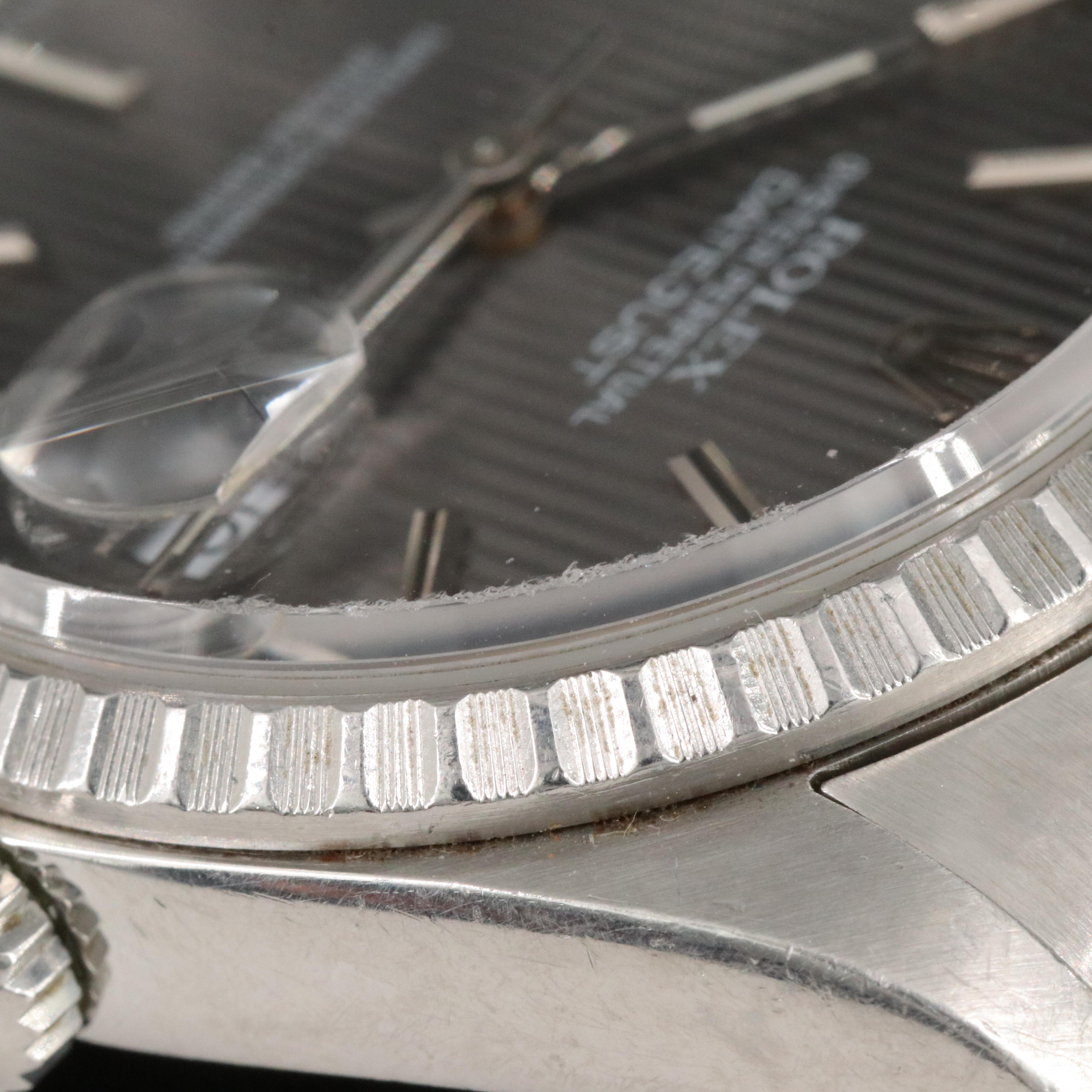 1989 Rolex Tapestry Dial Engine Turned Bezel Datejust Watch