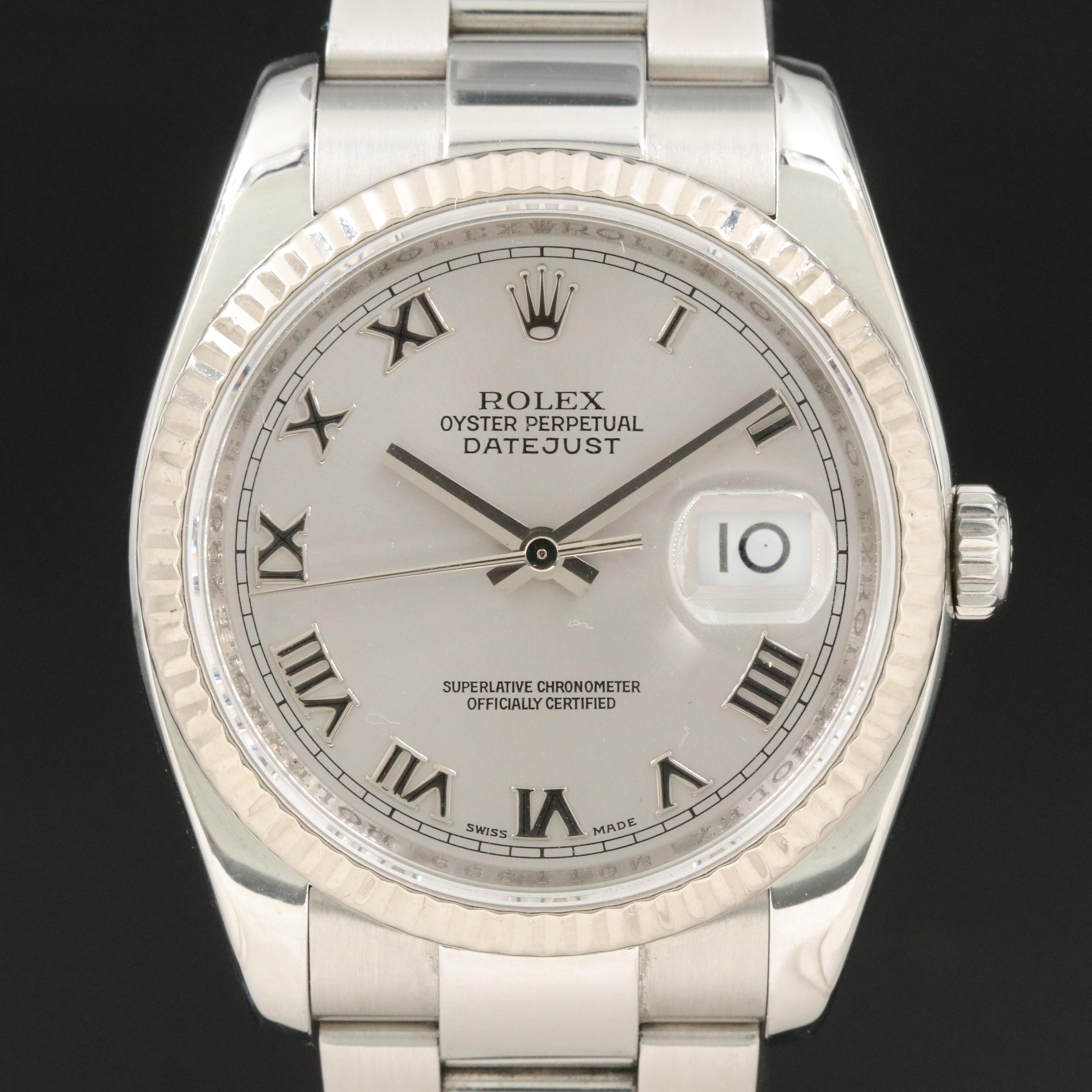 2007 Rolex Silver Roman Dial White Gold and Steel Datejust Watch
