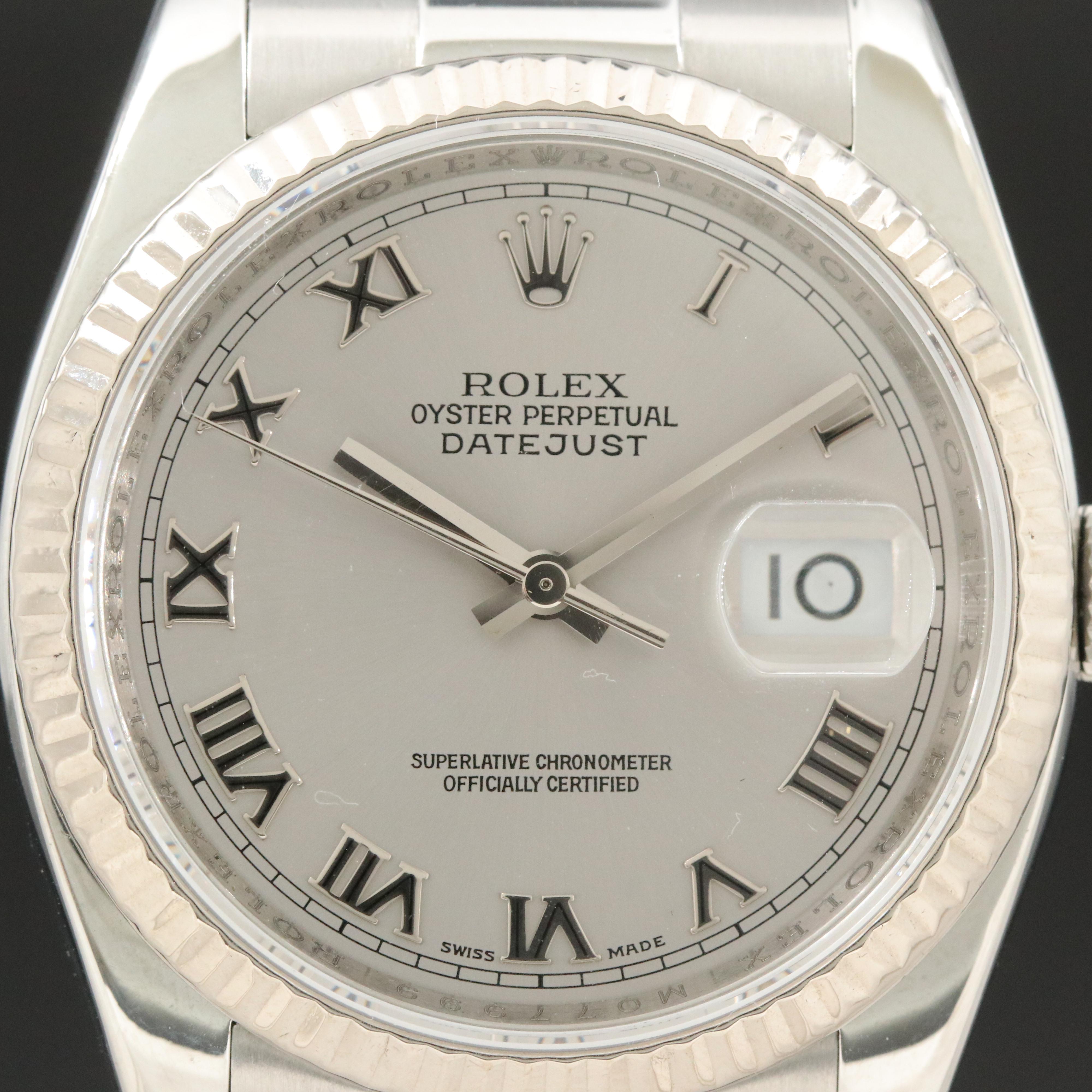 2007 Rolex Silver Roman Dial White Gold and Steel Datejust Watch