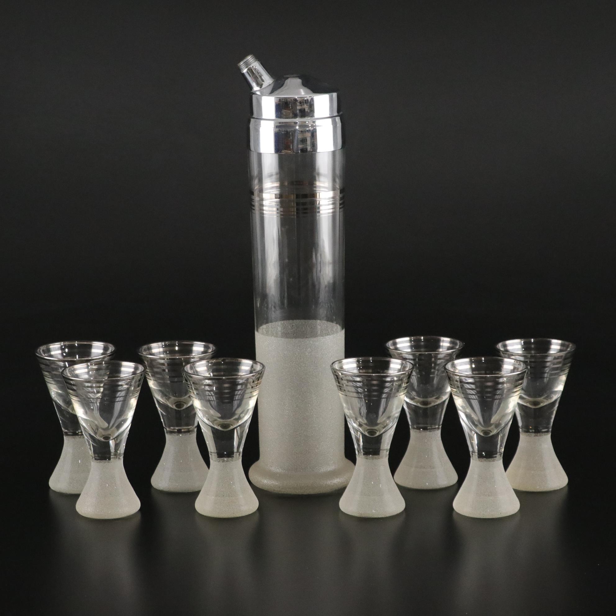 Mid Century Modern Cocktail Shaker and Eight Glasses