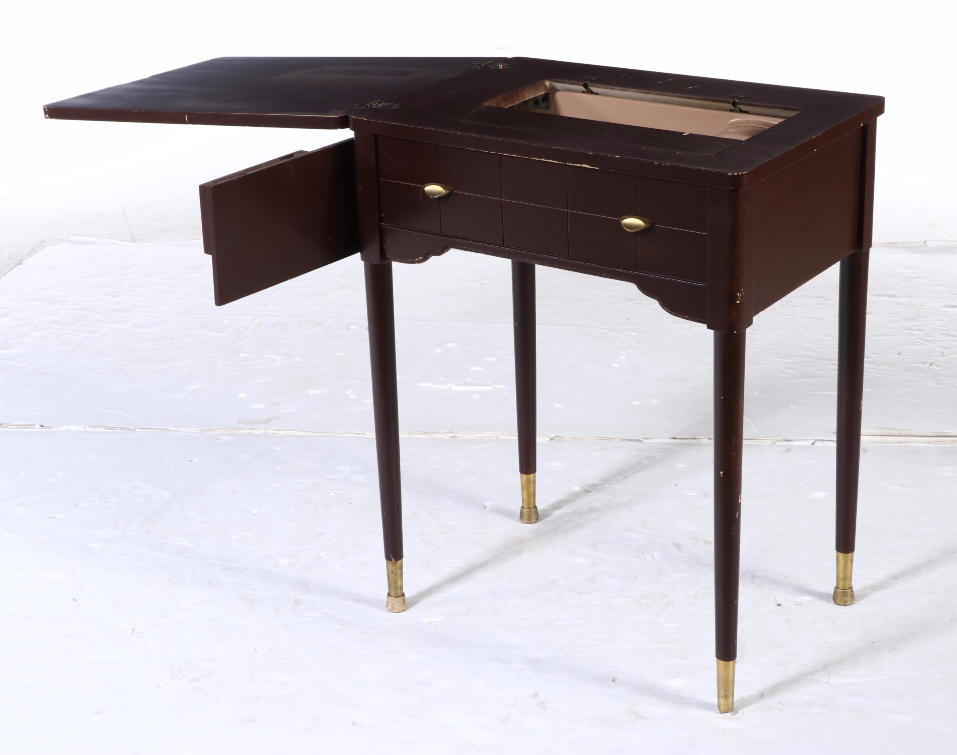 Singer Slant-O-Matic Model 401A Sewing Machine Wood Sewing Table, Mid-20th C.