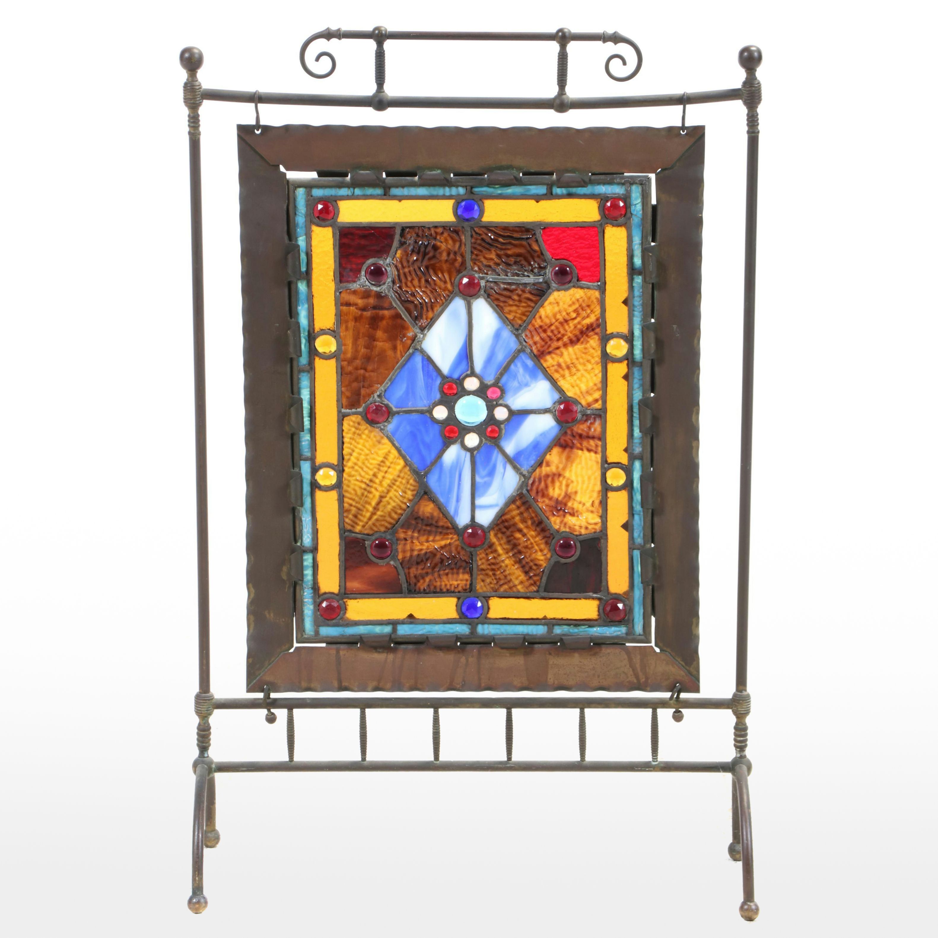 Handcrafted Stained Glass Panel with Bejeweled Cabochons and Slag Glass in Frame