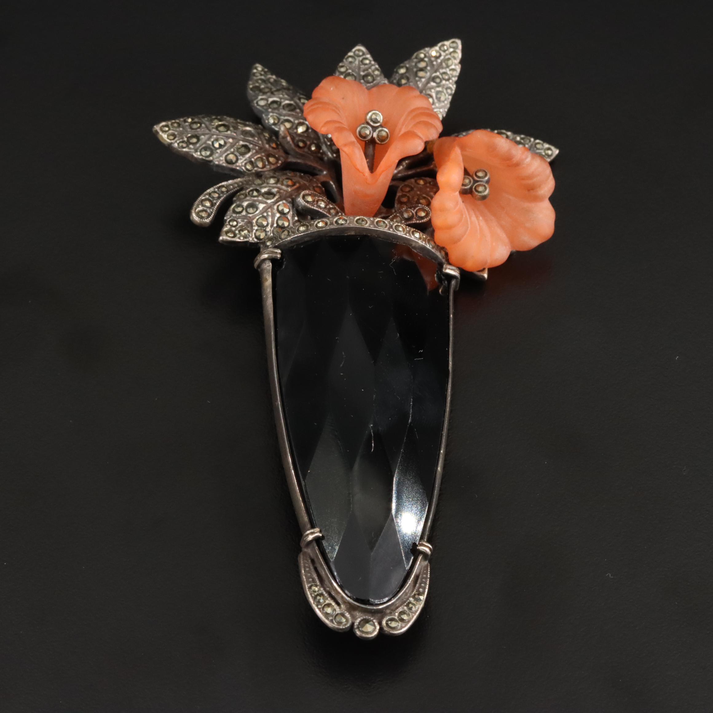 Art Deco 835 Silver Floral Brooch with French Jet, Celluloid and Marcasite