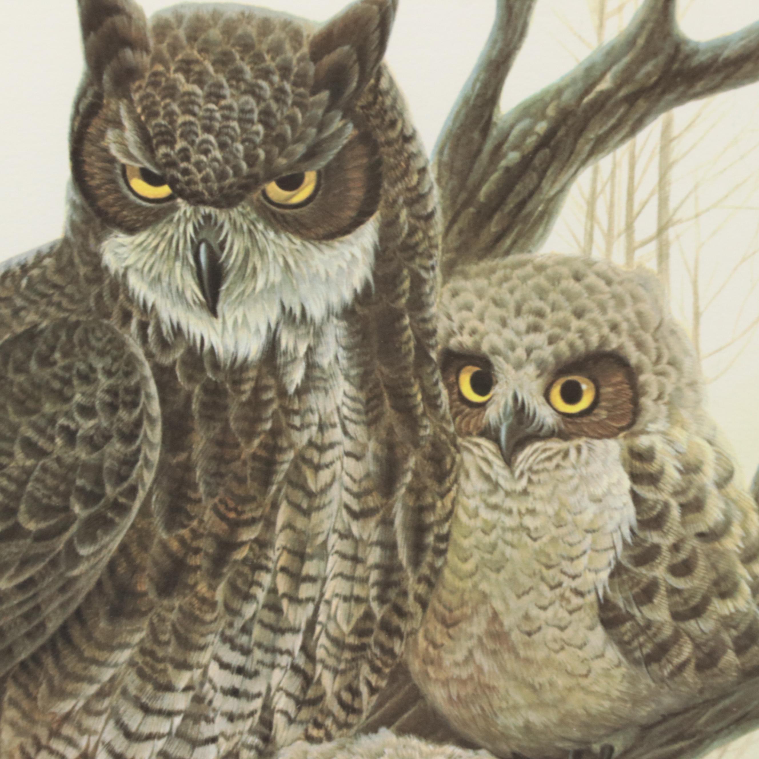 John Ruthven Offset Lithograph "Great Horned Owls"