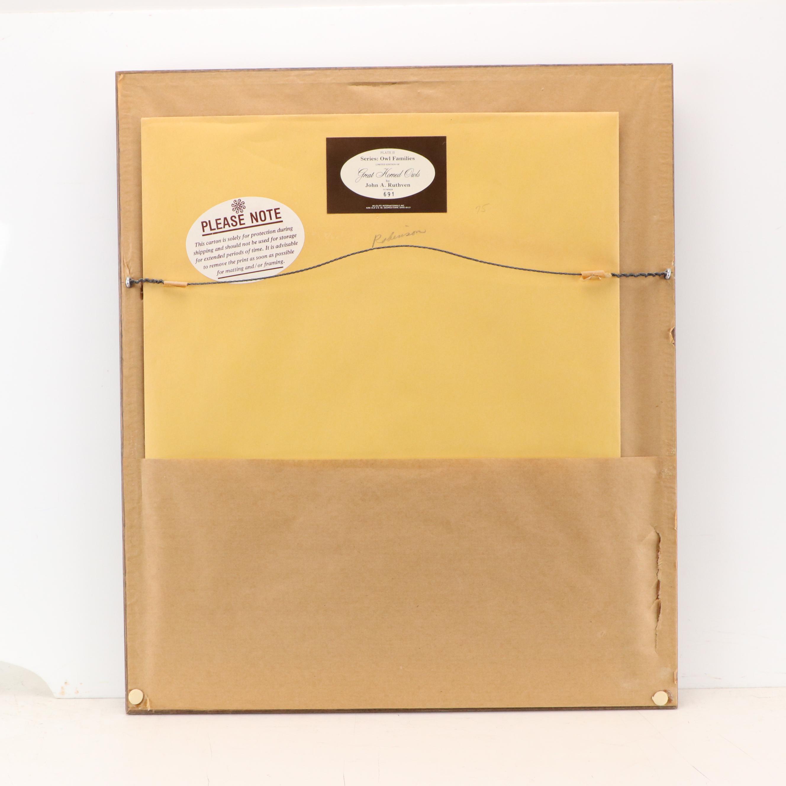 John Ruthven Offset Lithograph "Great Horned Owls"