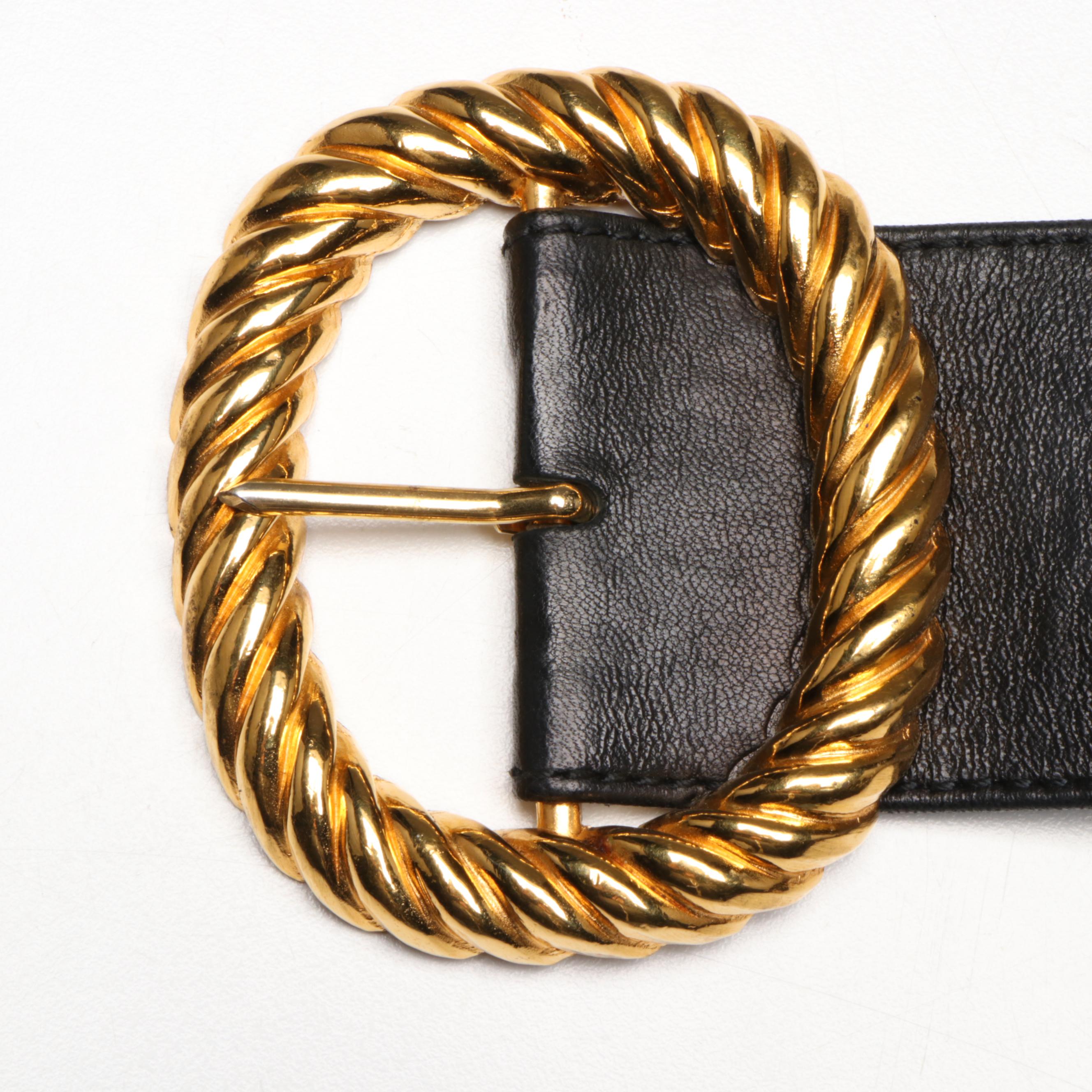 Chanel Vintage Rue Cambon Coco Mark Medallion and Black Leather Belt