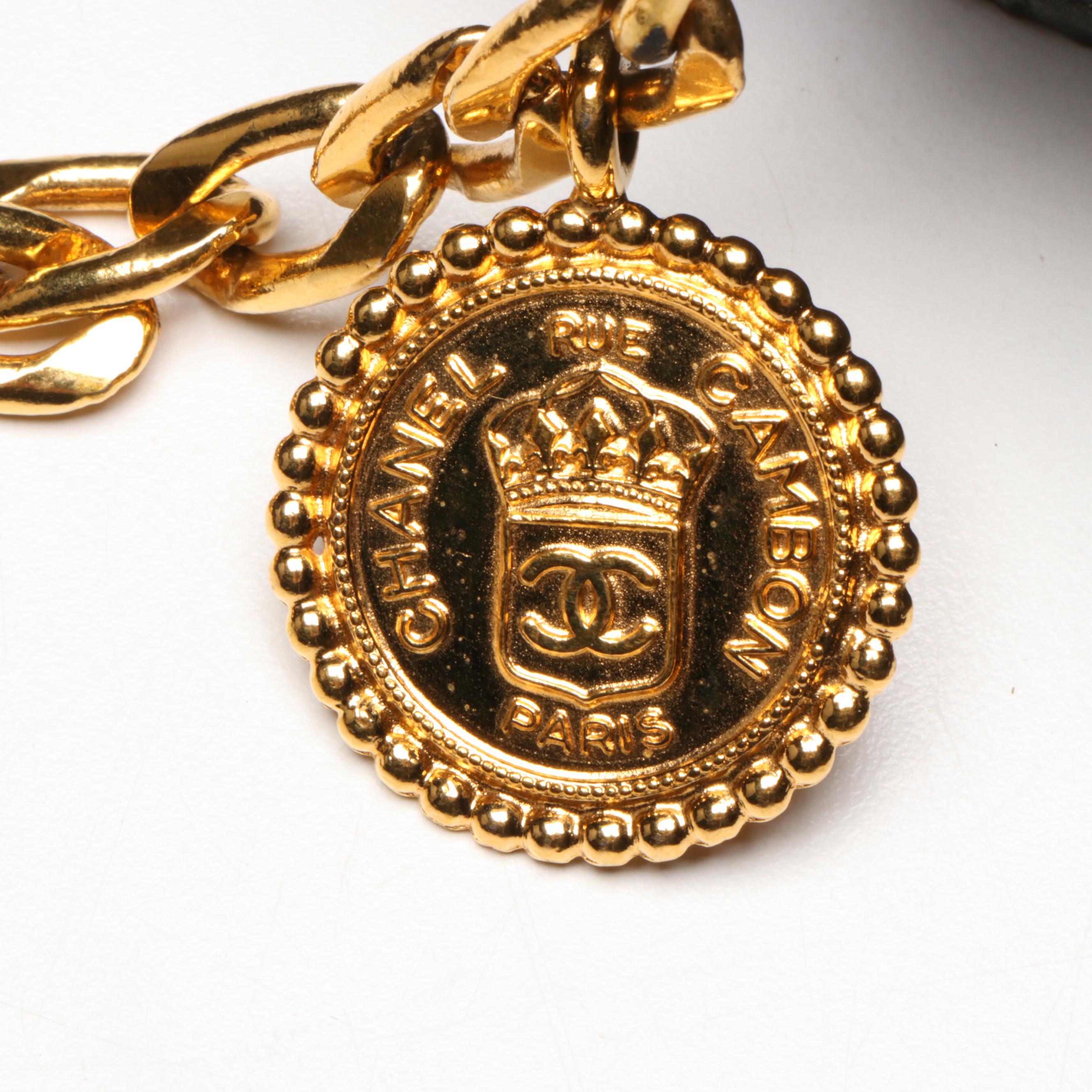 Chanel Vintage Rue Cambon Coco Mark Medallion and Black Leather Belt