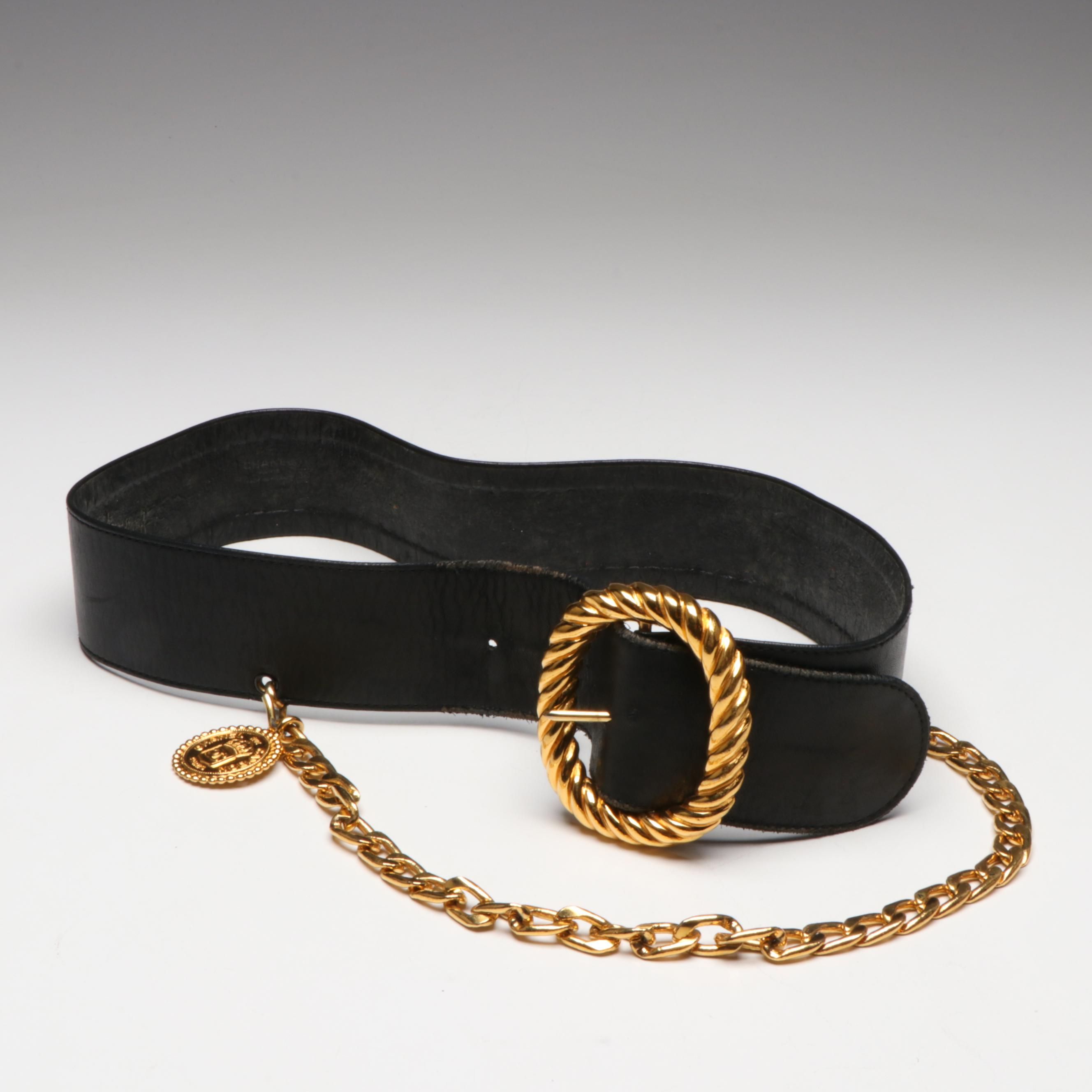 Chanel Vintage Rue Cambon Coco Mark Medallion and Black Leather Belt