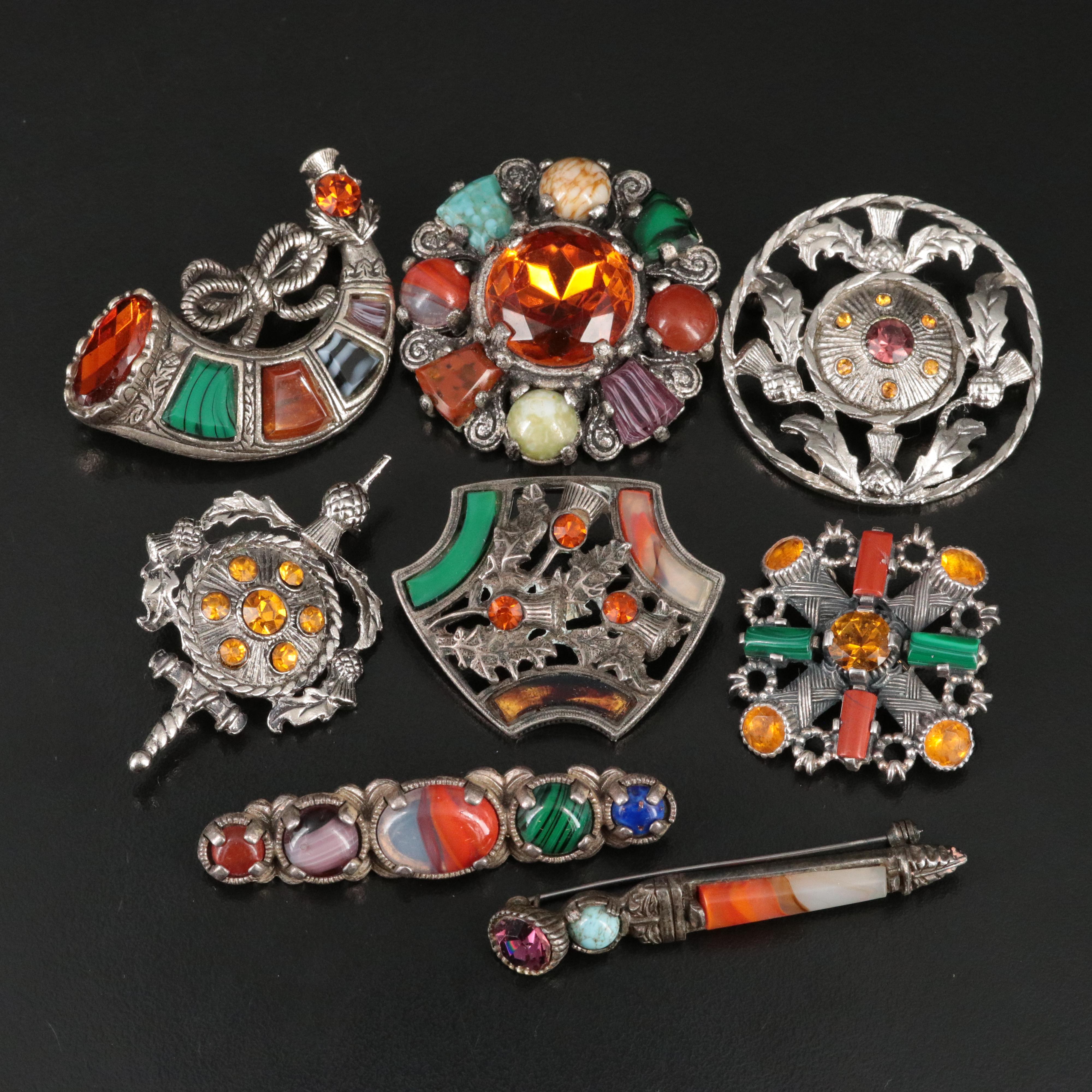 Collection of Scottish Pebble Style Brooches Featuring Sterling and Jasper