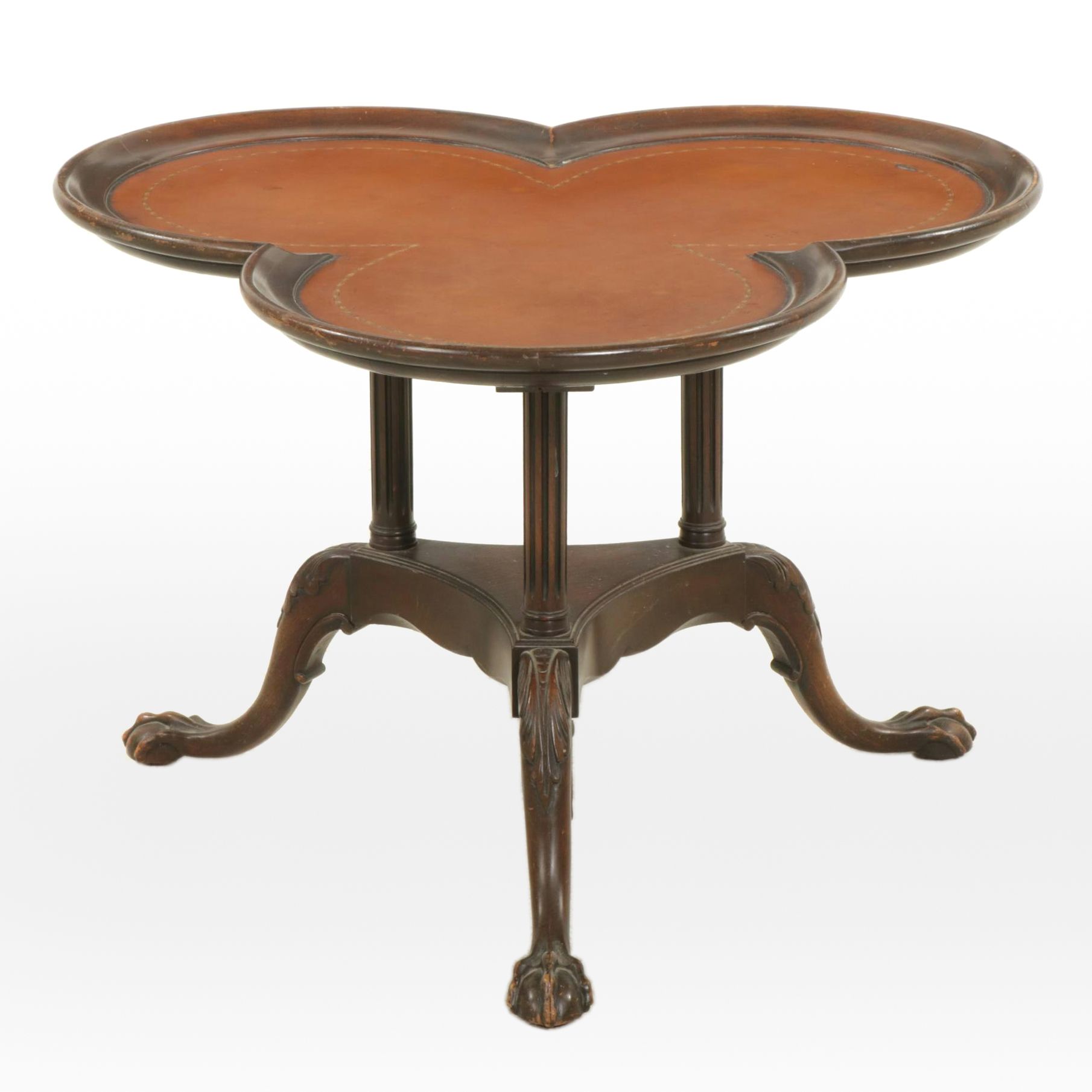 Mahogany Three Lobed Claw Foot Cocktail Table with Tooled Leather Top