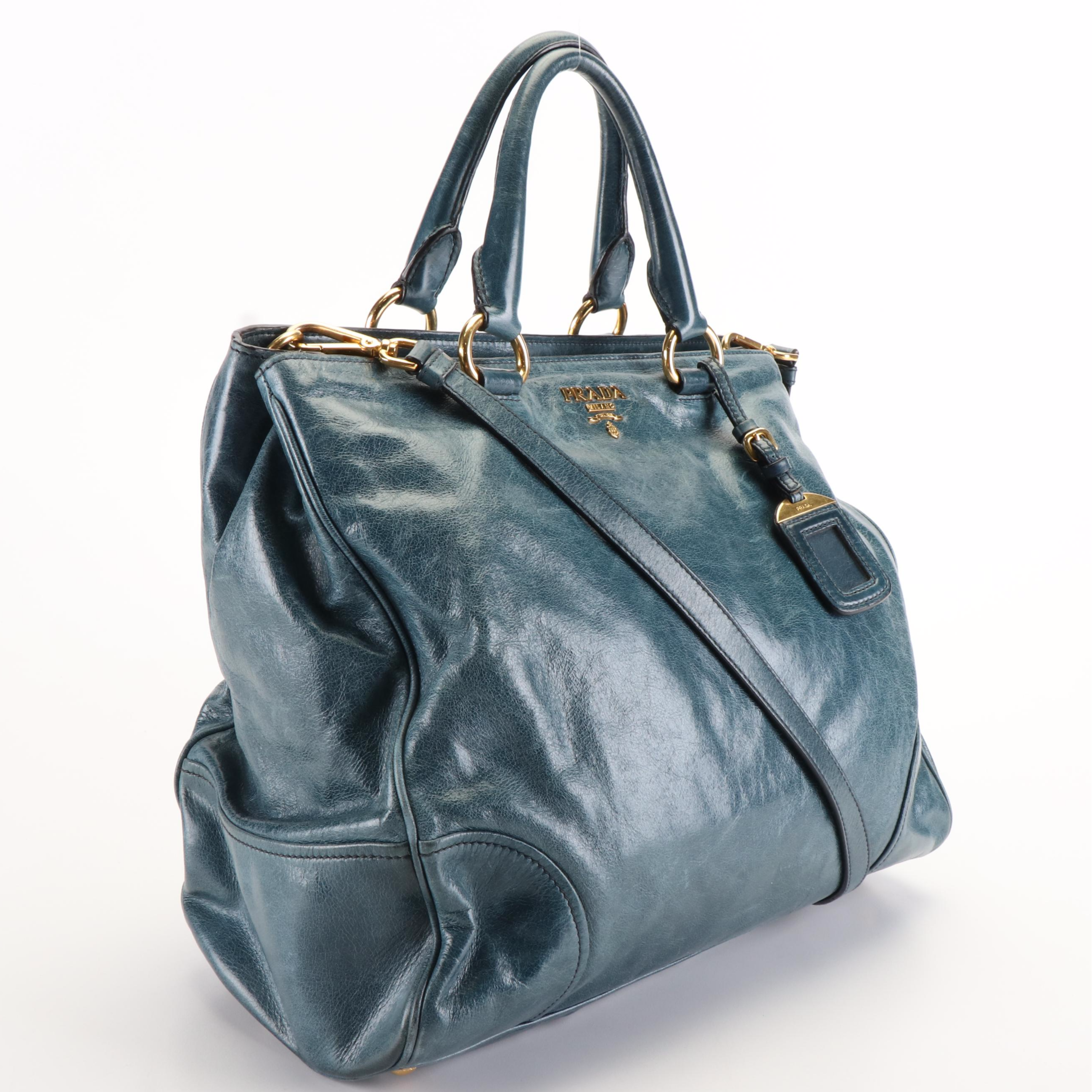 Prada Shopper's Tote in Blue Vitello Shine Leather