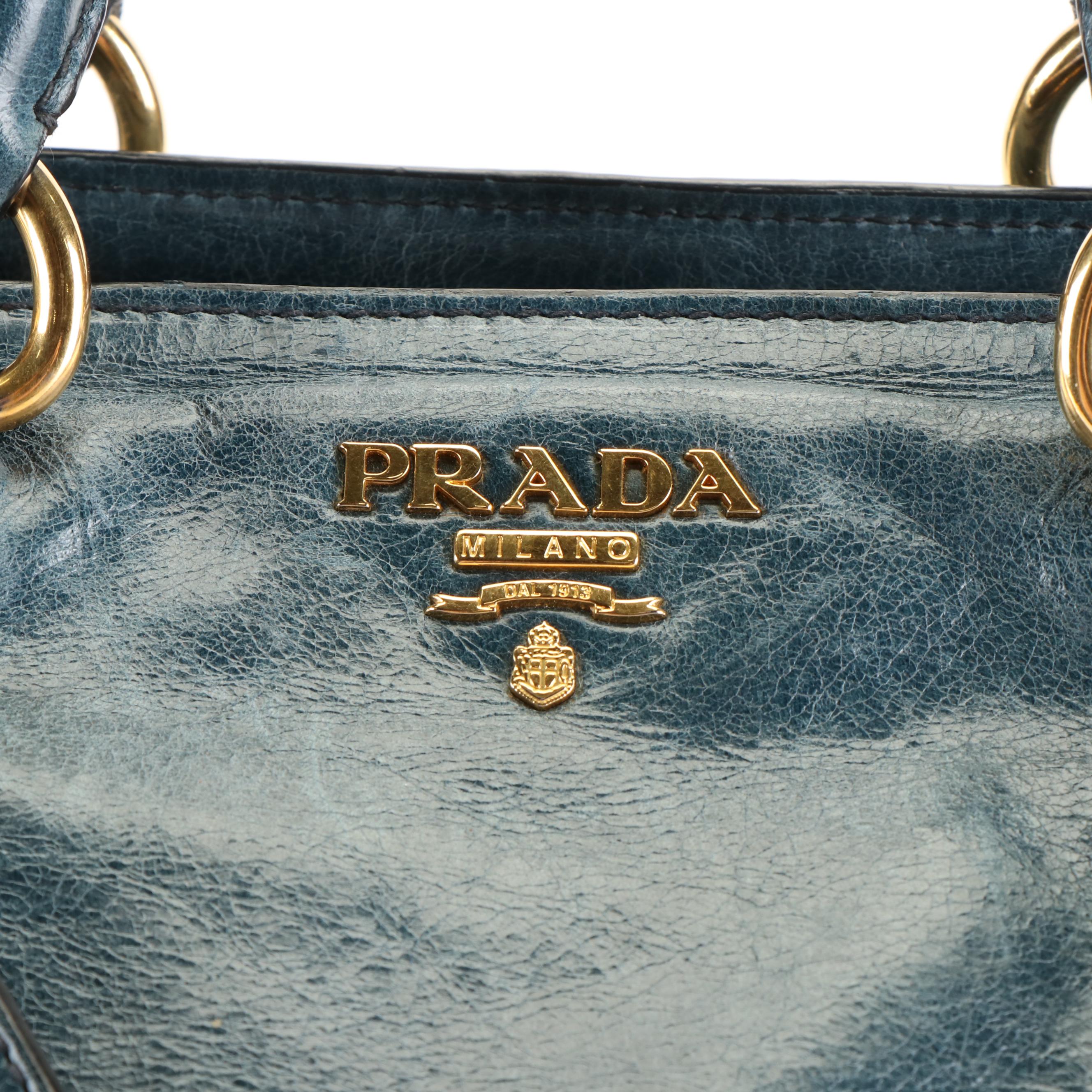 Prada Shopper's Tote in Blue Vitello Shine Leather