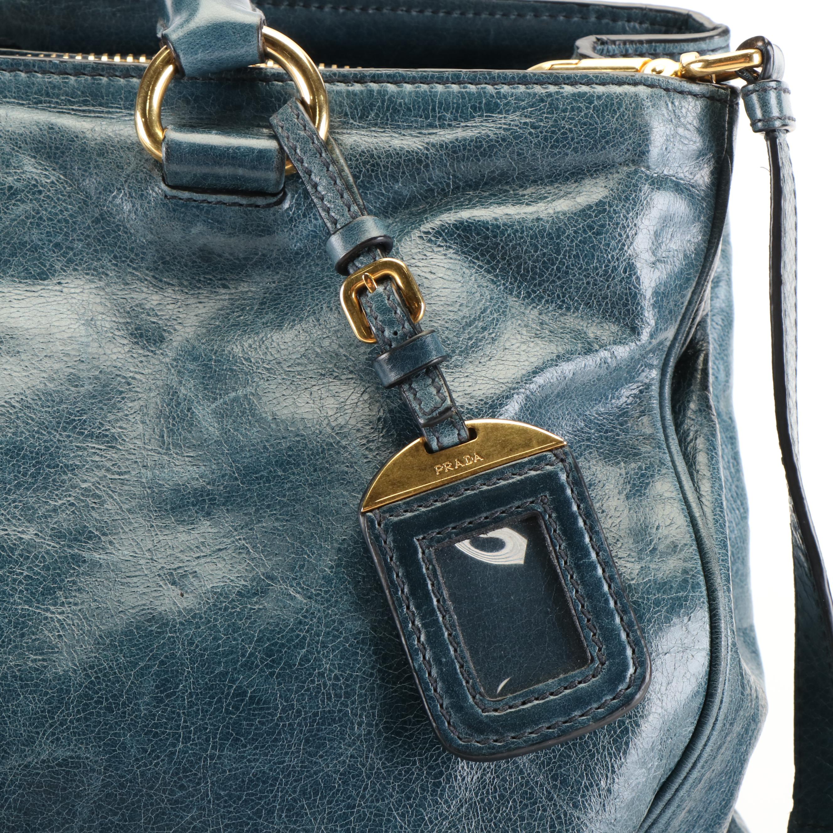 Prada Shopper's Tote in Blue Vitello Shine Leather