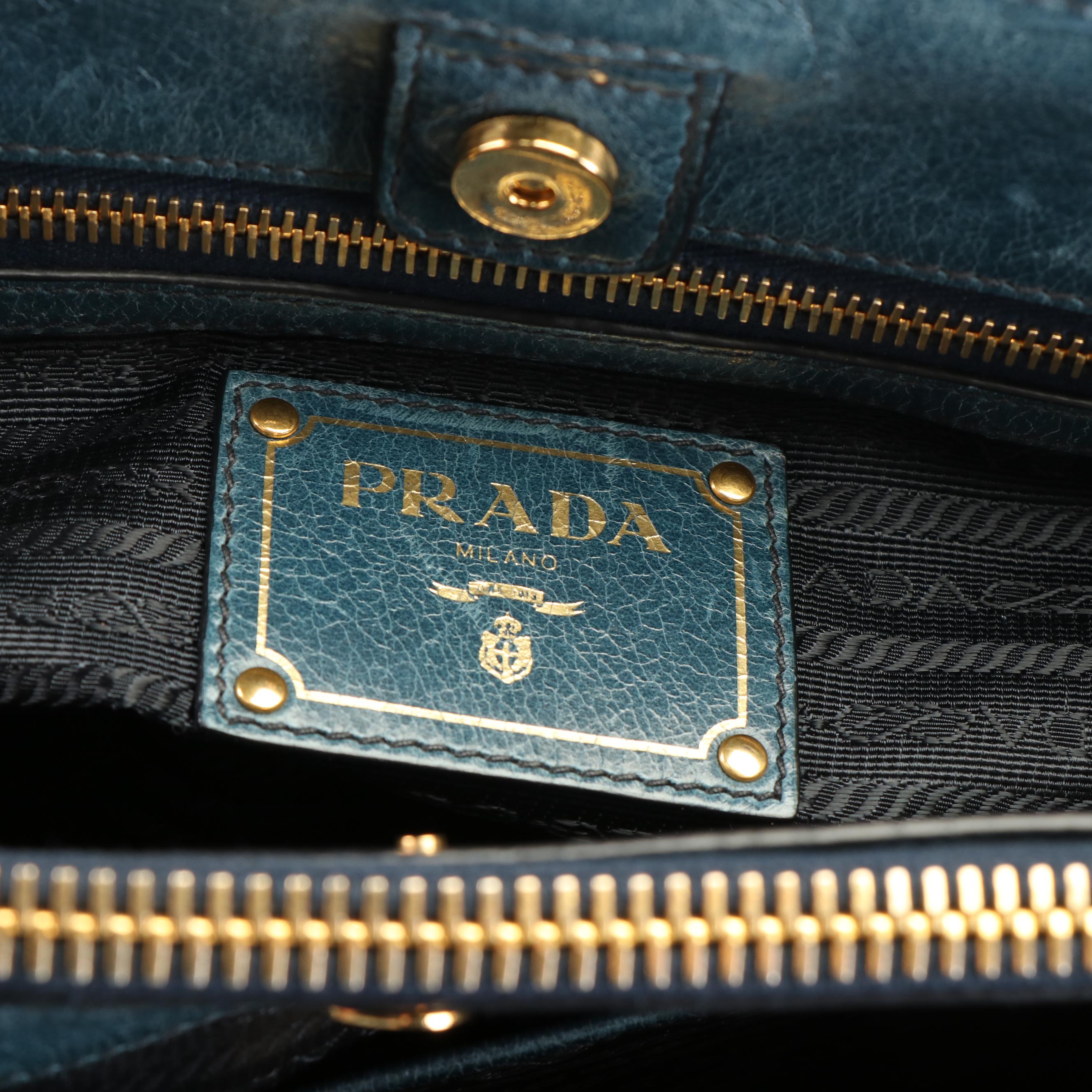 Prada Shopper's Tote in Blue Vitello Shine Leather