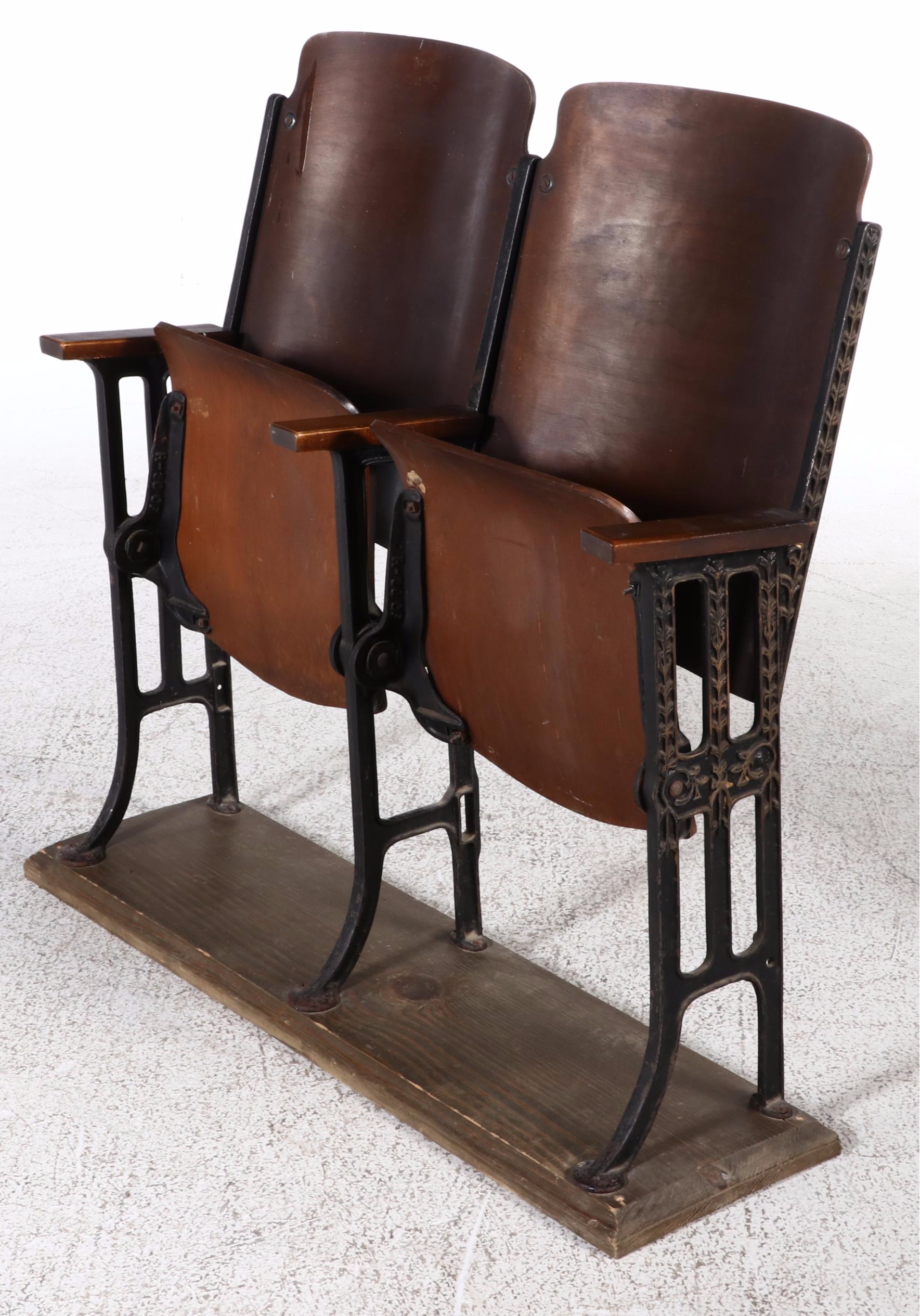Art Deco Style Cast Iron and Wood Theater Seats, Early 20th Century
