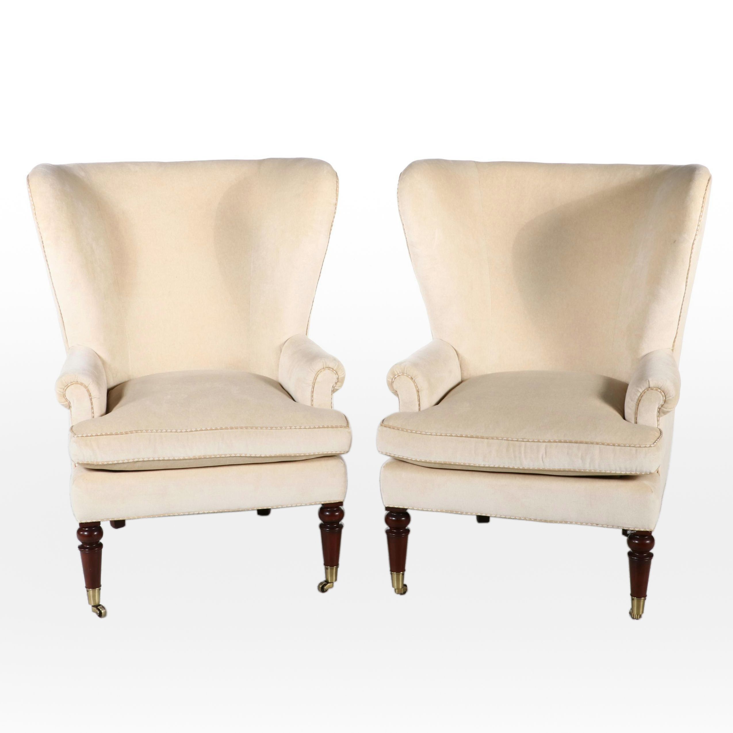 Pair of Pearson Custom-Upholstered Hardwood Wingback Armchairs