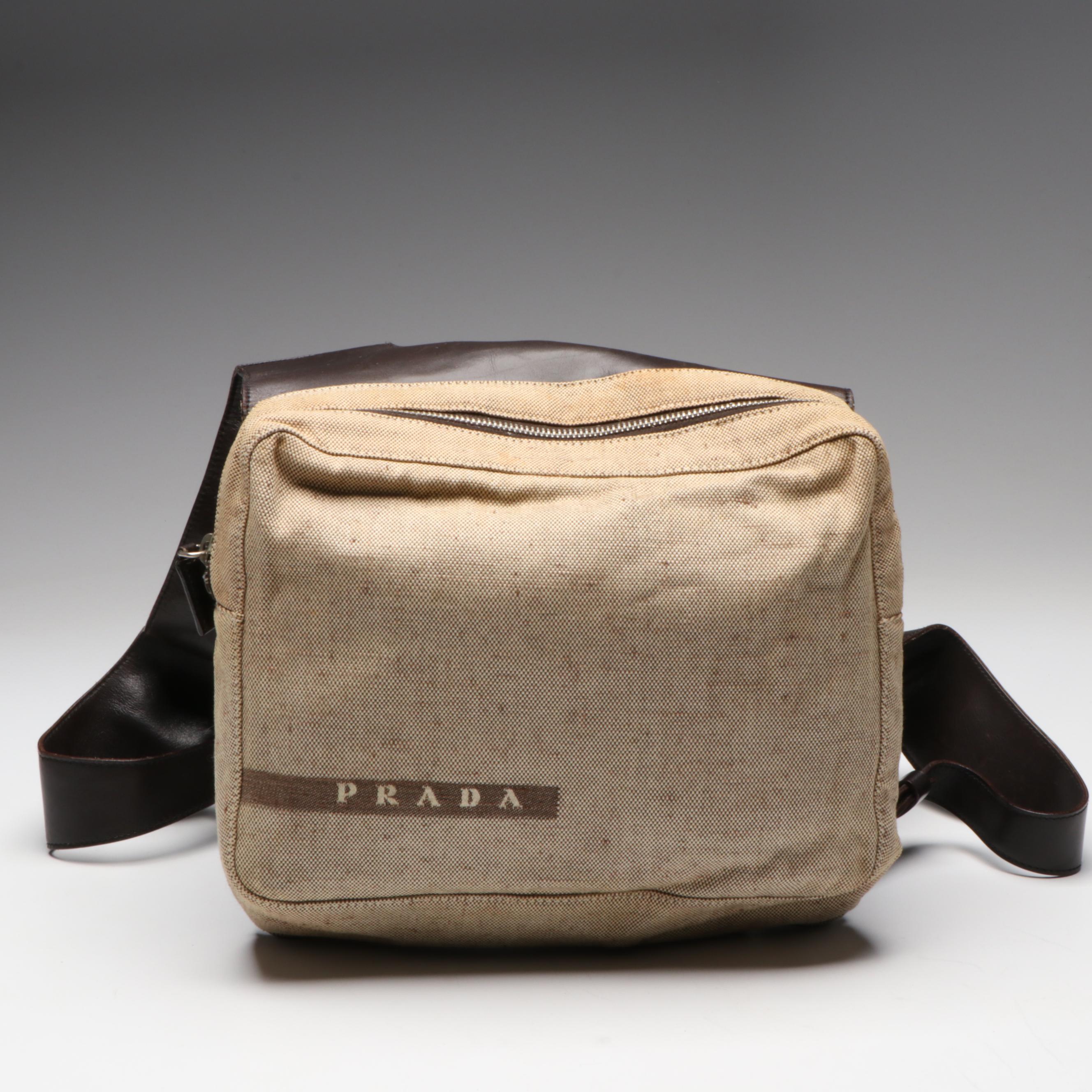 Prada Knee High Platform Heeled Boots and Chest Rig/Backpack in Jacquard/Leather