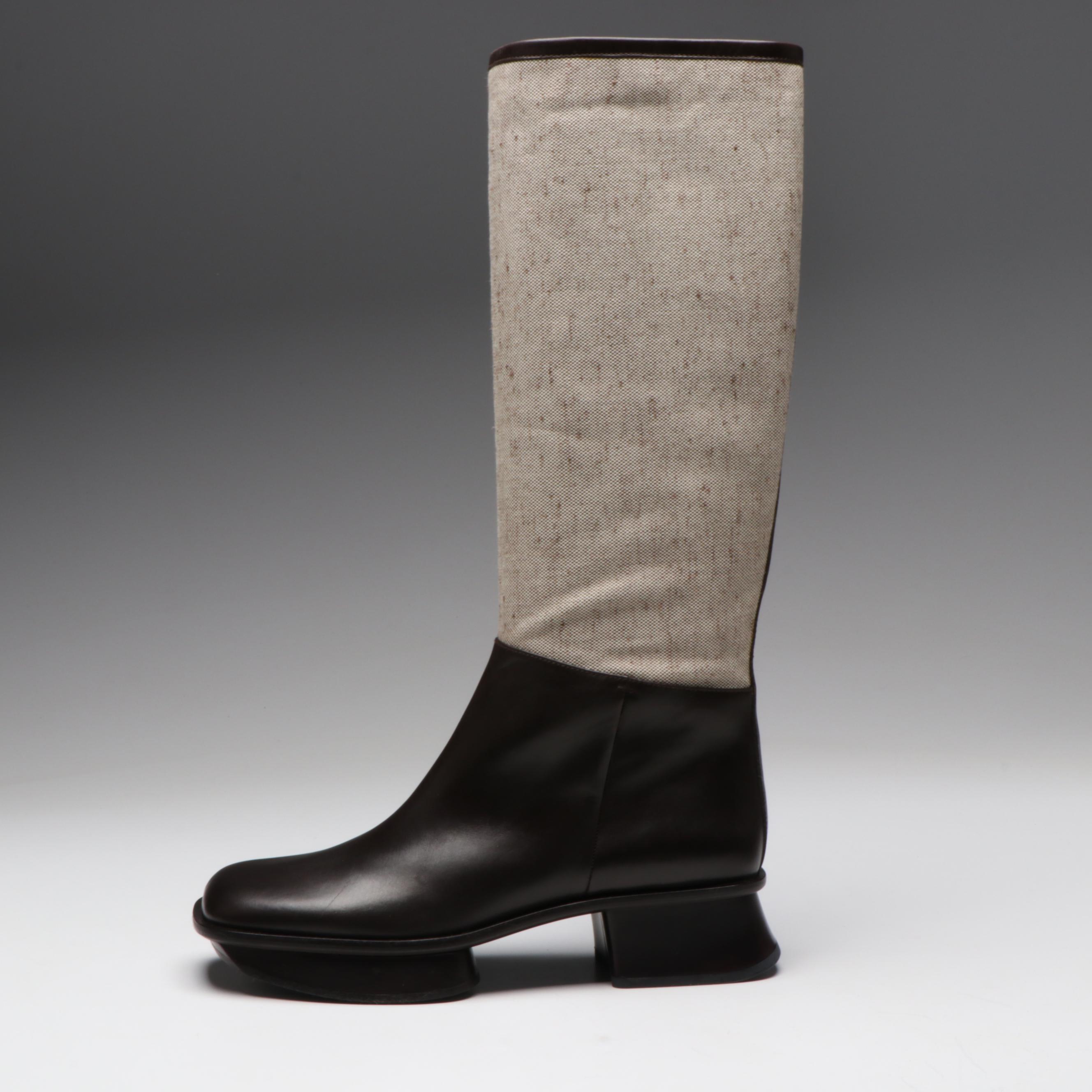 Prada Knee High Platform Heeled Boots and Chest Rig/Backpack in Jacquard/Leather