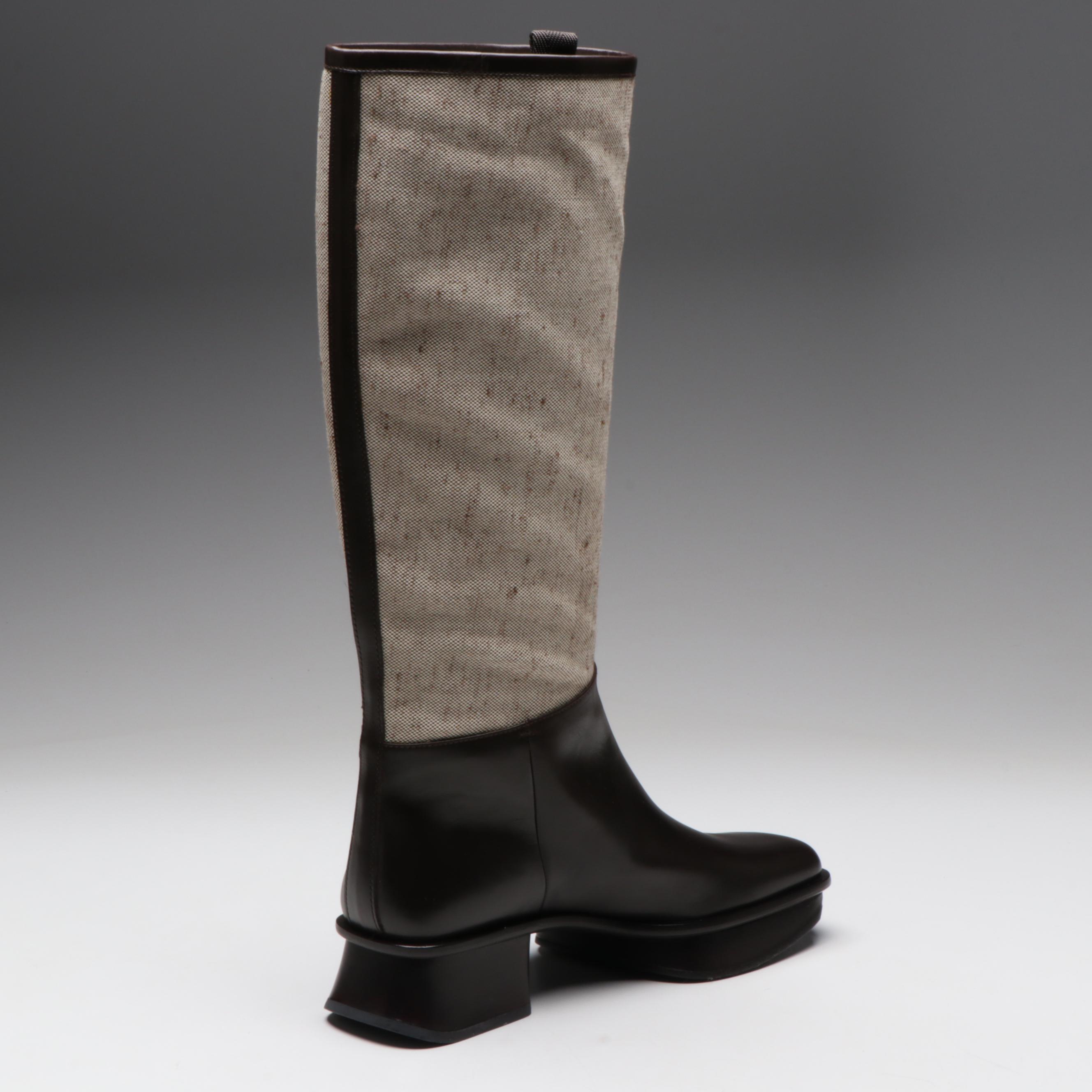 Prada Knee High Platform Heeled Boots and Chest Rig/Backpack in Jacquard/Leather